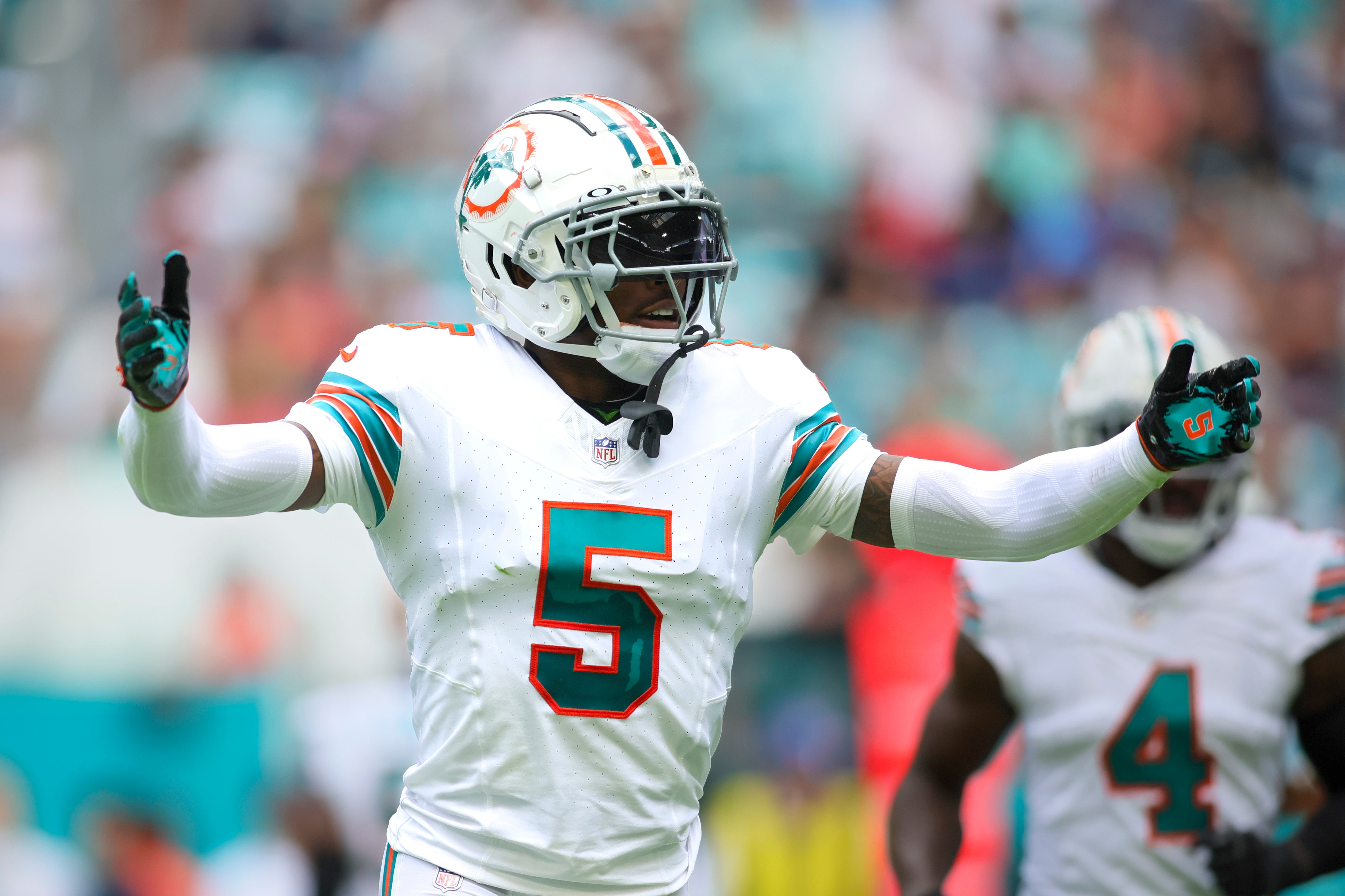 Oct 29, 2023; Miami Gardens, Florida, USA; Miami Dolphins cornerback Jalen Ramsey (5) reacts against the New England Patriots during the second quarter at Hard Rock Stadium.