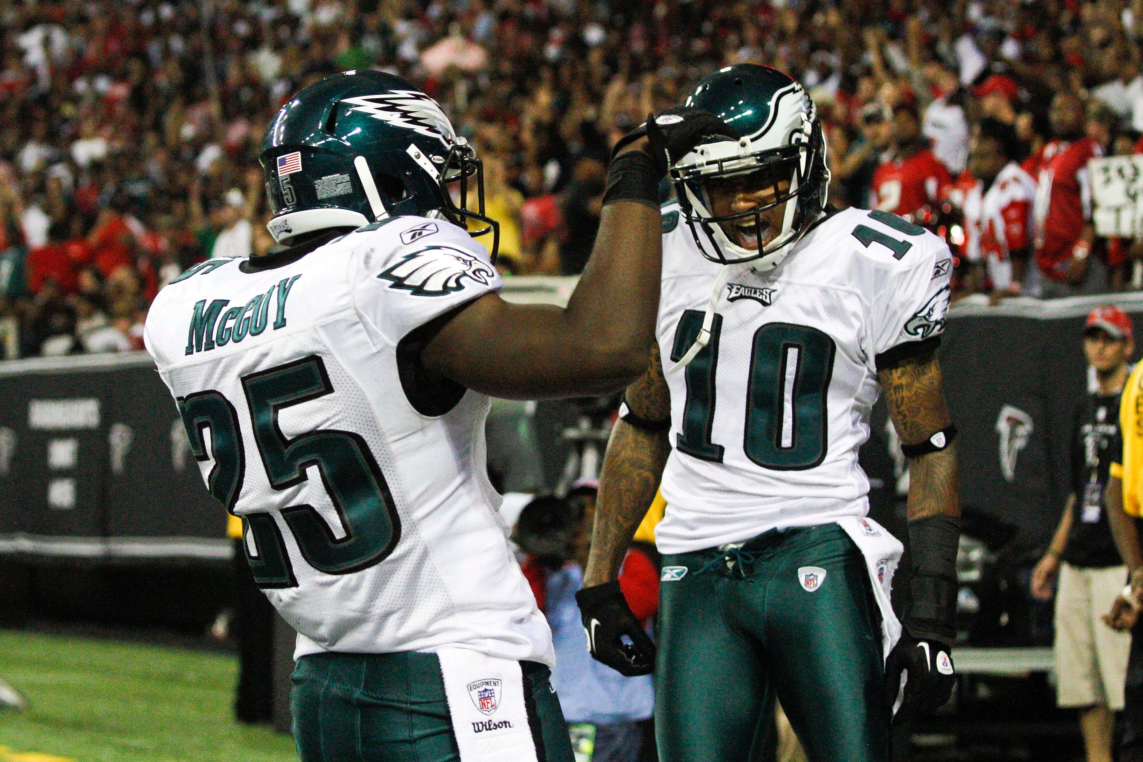 Philadelphia Eagles running back LeSean McCoy (25) celebrates with wide receiver DeSean Jackson (10) after scoring a touchdown against the Atlanta Falcons in the third quarter at the Georgia Dome.