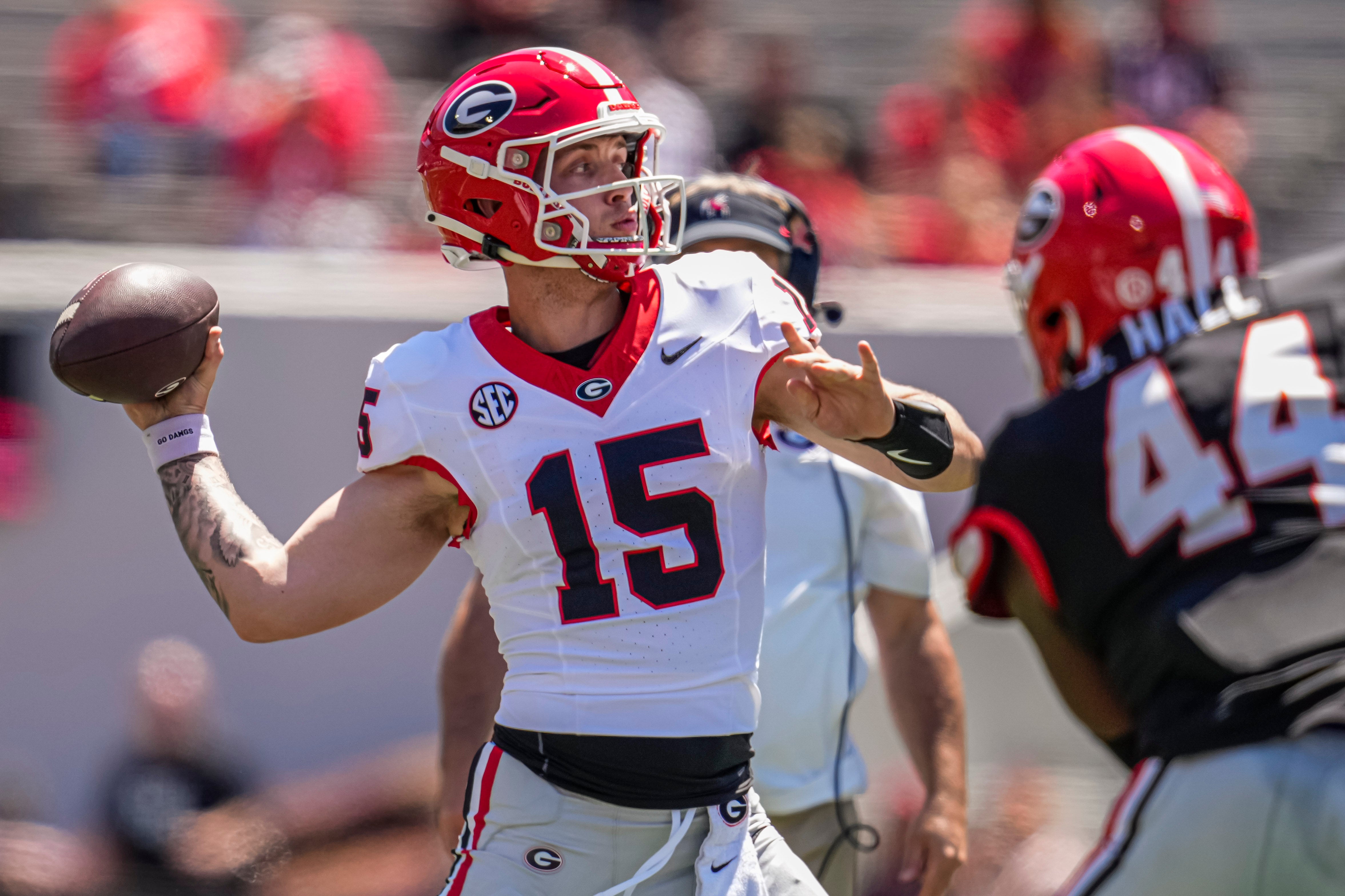 Apr 13, 2024; Athens, GA, USA; Georgia Bulldogs quarterback Carson Beck (15) passes the ball during the G-Day Game at Sanford Stadium.