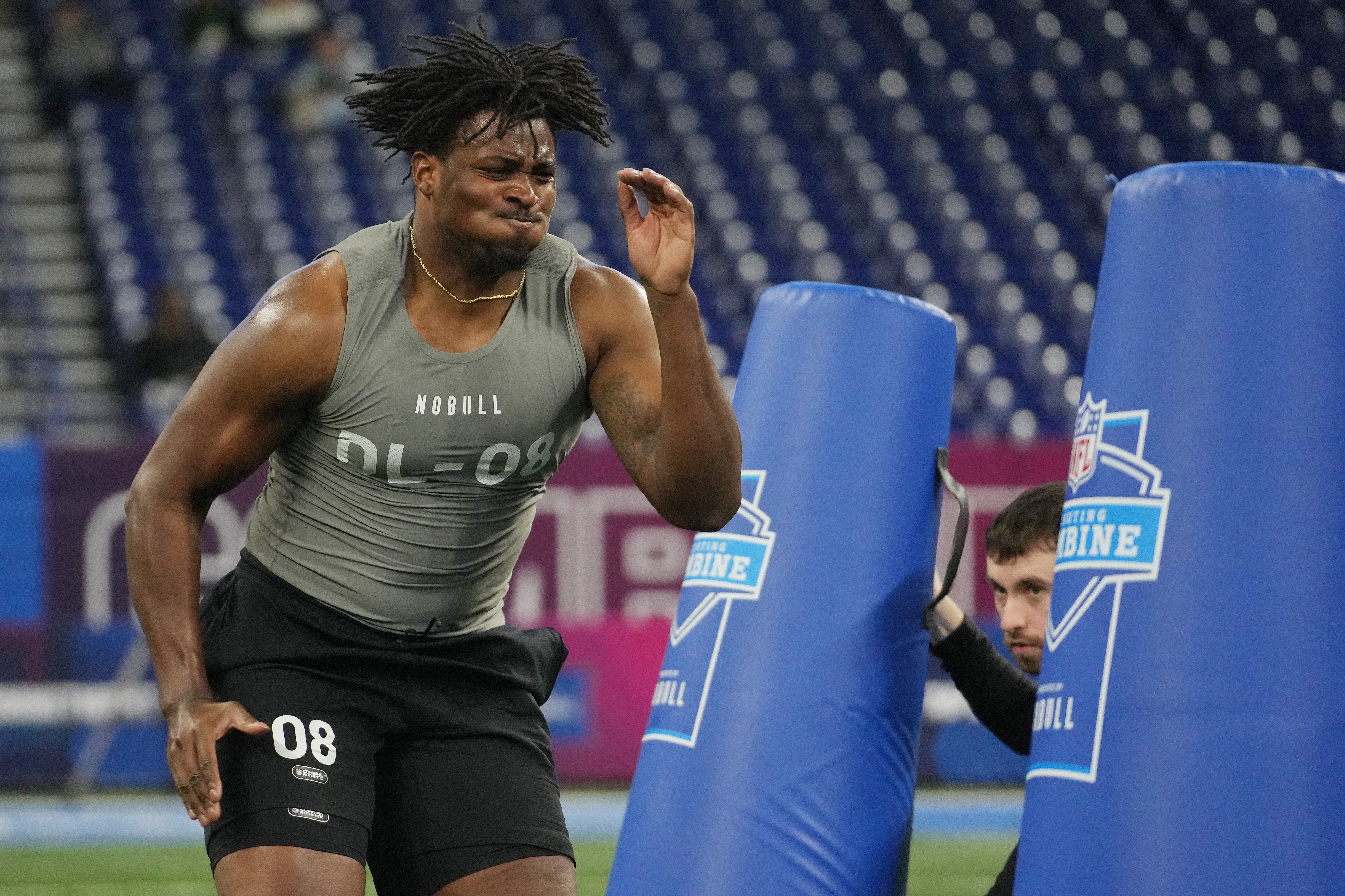 Baylor defensive lineman Gabe Hall (DL08) works out during the 2024 NFL Combine at Lucas Oil Stadium.