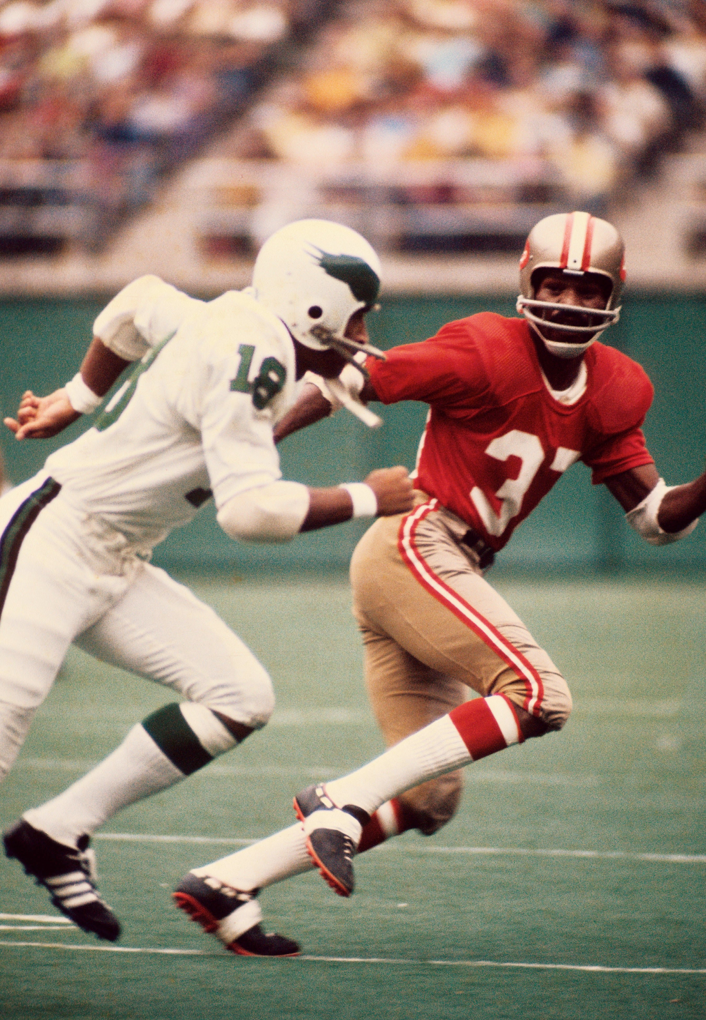 Oct 3, 1971; Philadelphia, PA, USA; FILE PHOTO; San Francisco 49ers defensive back Jimmy Johnson (37) in action against Philadelphia Eagles receiver Ben Hawkins (18) at Veterans Stadium.