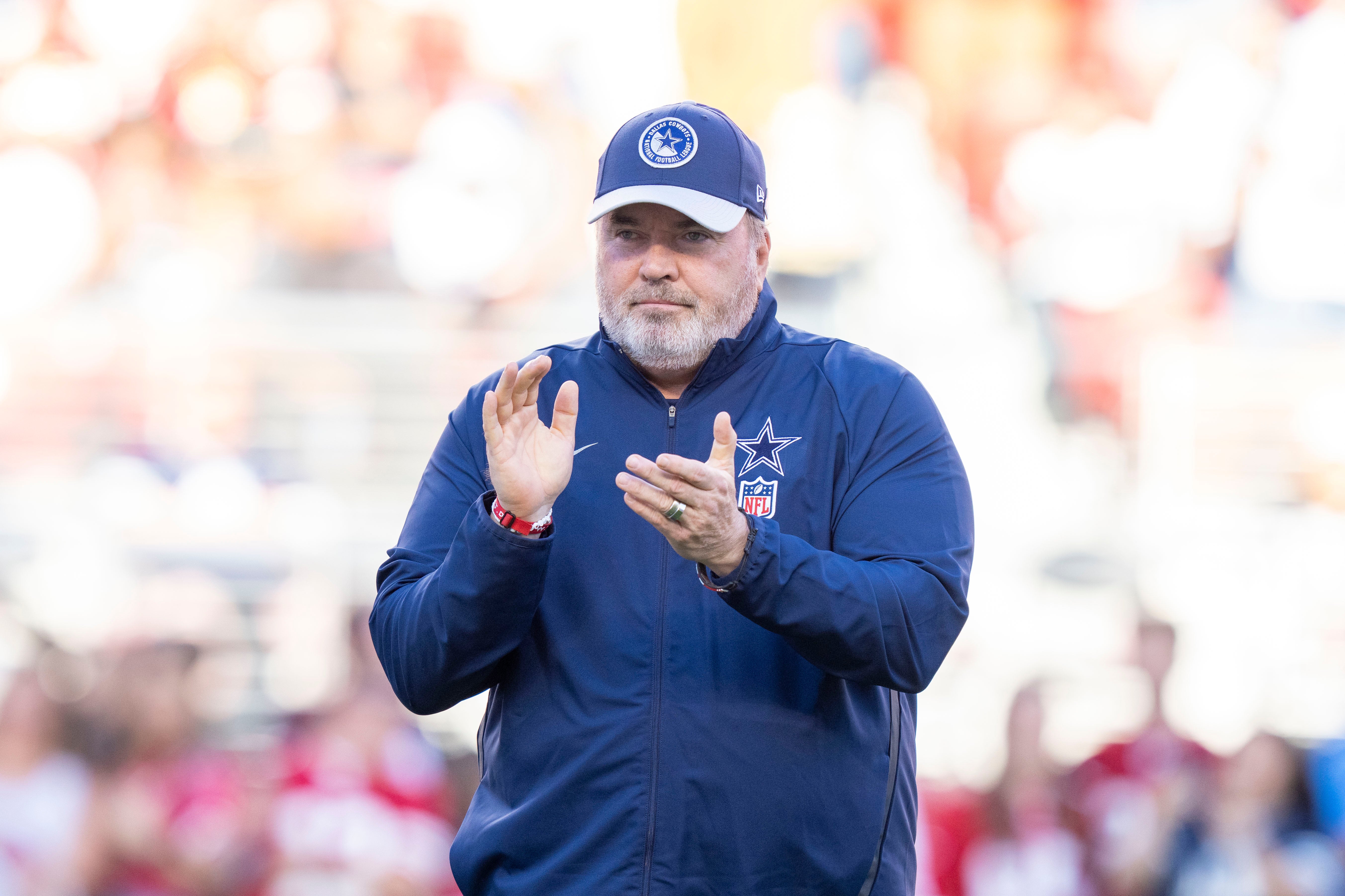 Dallas Cowboys head coach Mike McCarthy watches warm ups before the game against the San Francisco 49ers at Levi's Stadium.