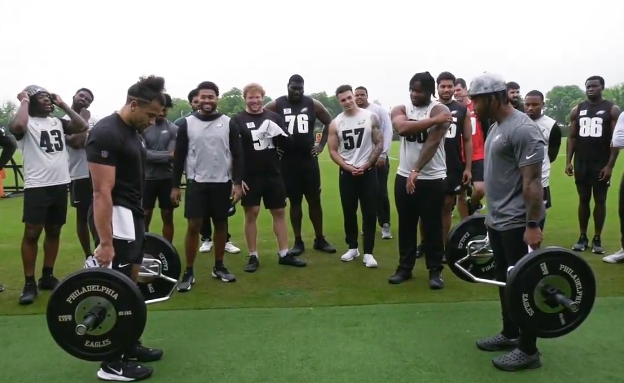 Philadelphia Eagles safety Sydney Brown and running back Kenny Gainwell face off for a friendly workout competition.