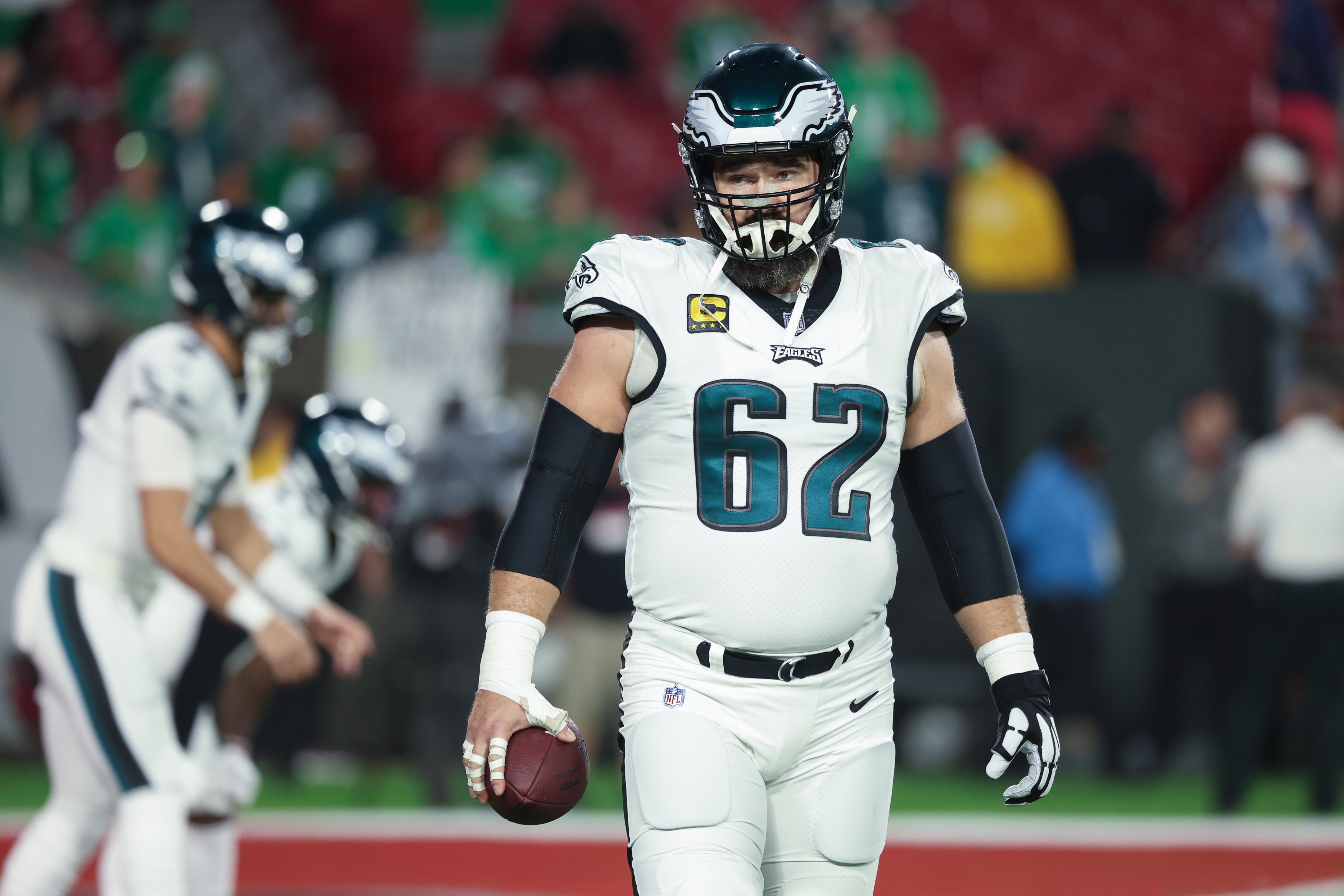 Philadelphia Eagles center Jason Kelce (62) warms up before a 2024 NFC wild card game against the Tampa Bay Buccaneers at Raymond James Stadium.