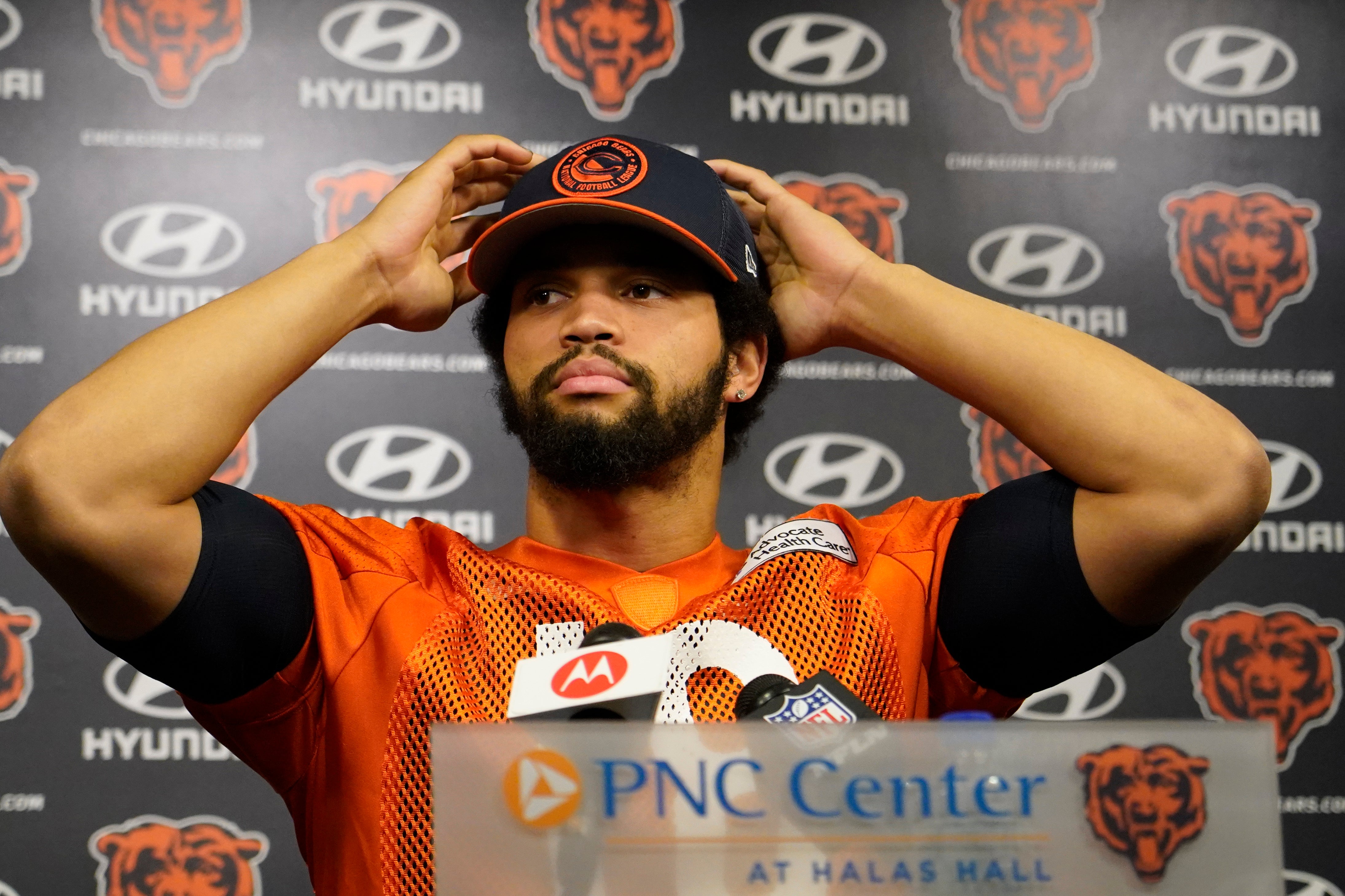 May 10, 2024; Lake Forest, IL, USA; Chicago Bears quarterback Caleb Williams during a press conference before Chicago Bears rookie minicamp at Halas Hall.