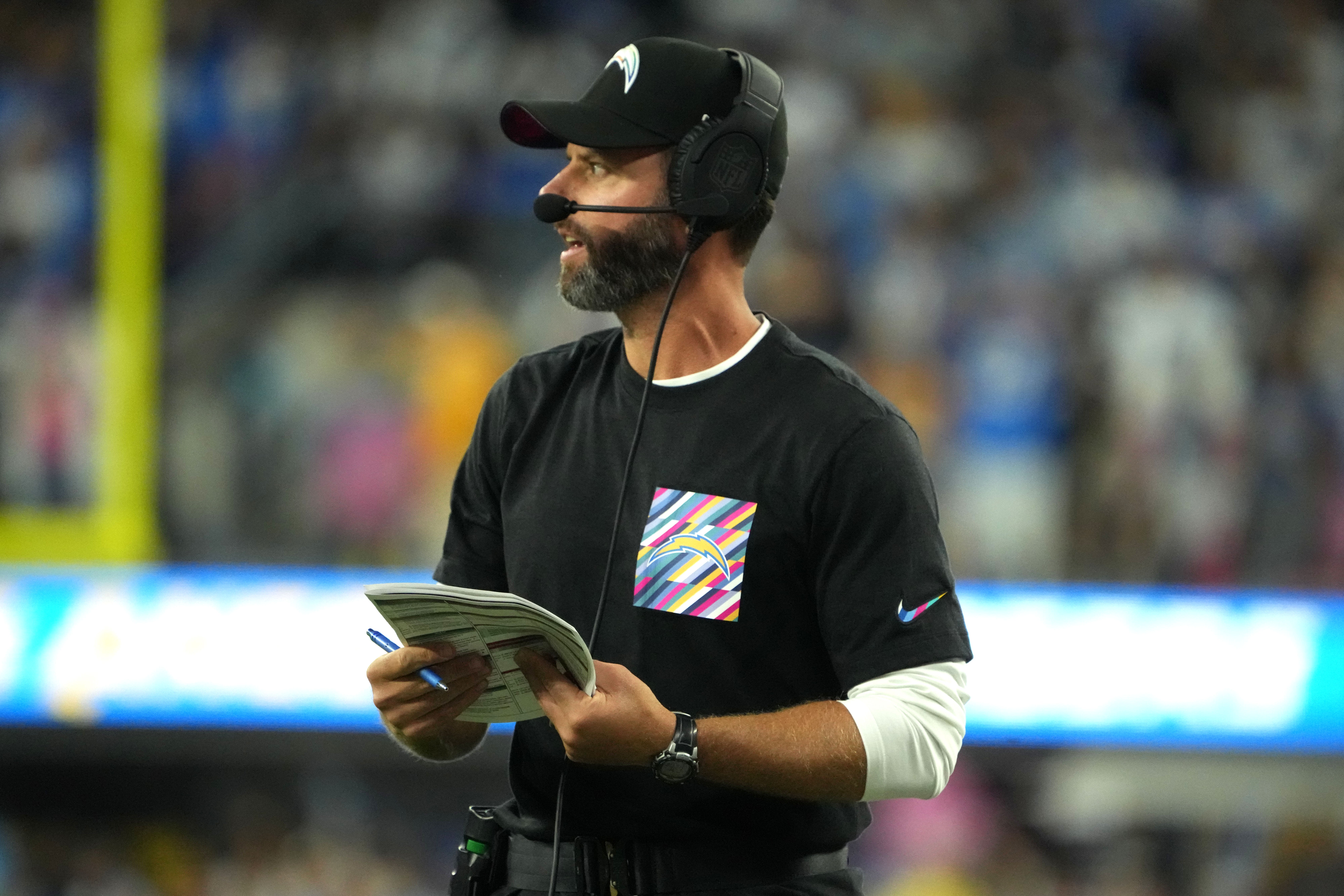 Oct 16, 2023; Inglewood, California, USA; Los Angeles Chargers coach Brandon Staley watches from the sidelines against the Dallas Cowboys in the first half at SoFi Stadium.