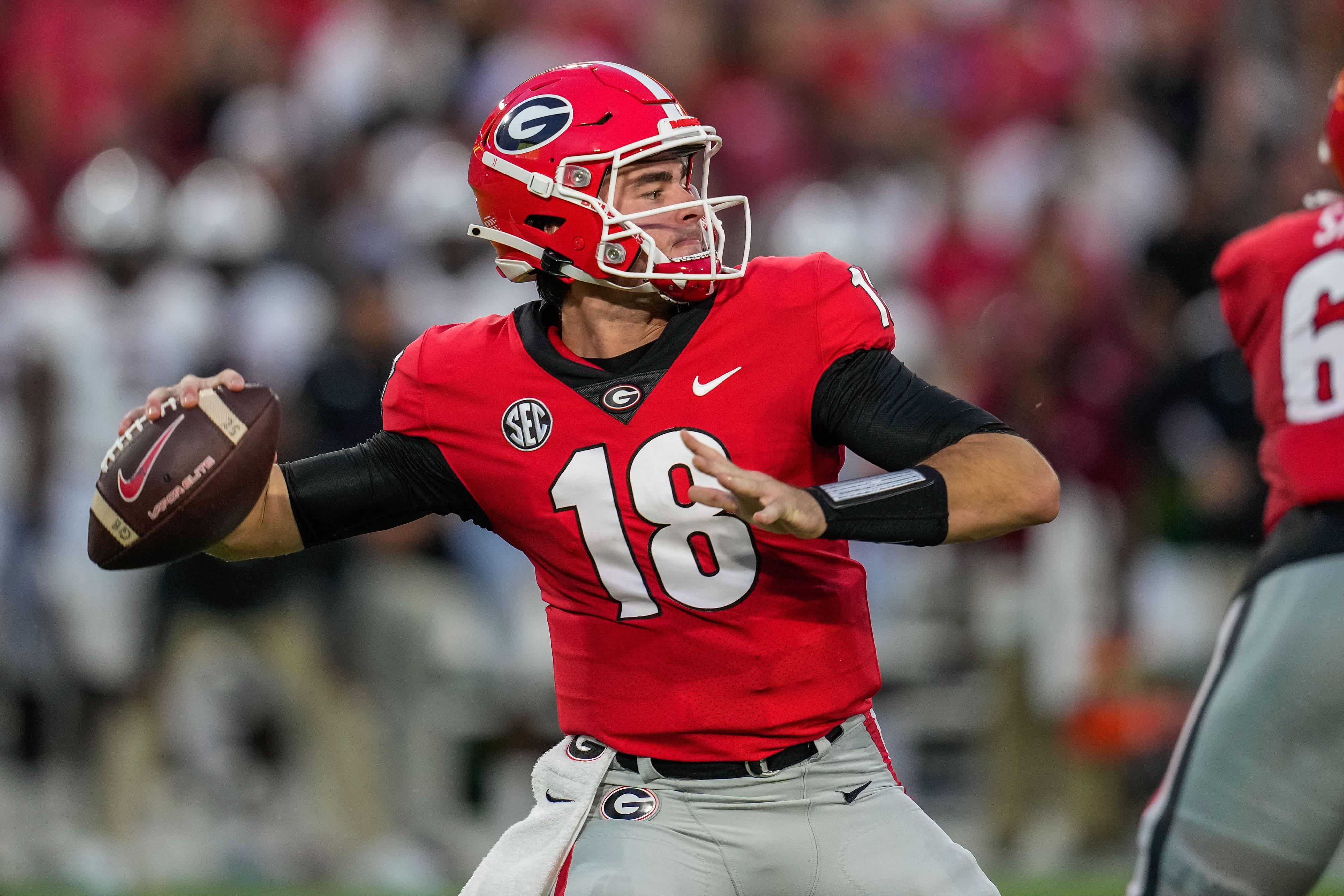 Sep 18, 2021; Athens, Georgia, USA; Georgia Bulldogs quarterback JT Daniels (18) in action against the South Carolina Gamecocks at Sanford Stadium.