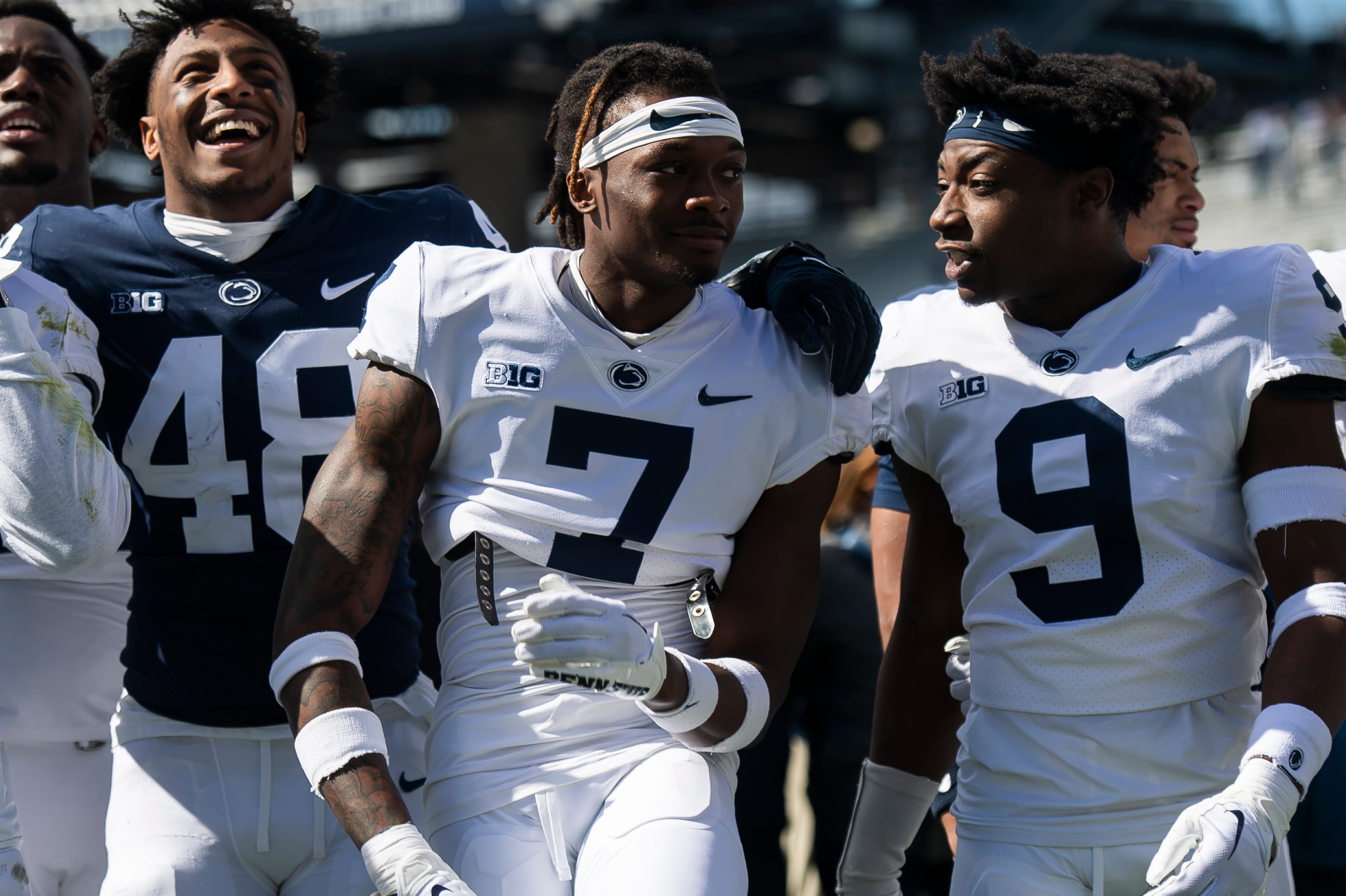 Penn State safety Zion Tracy (7) talks with fellow safety King Mack (9) following the Blue-White game at Beaver Stadium on Saturday, April 13, 2024, in State College.