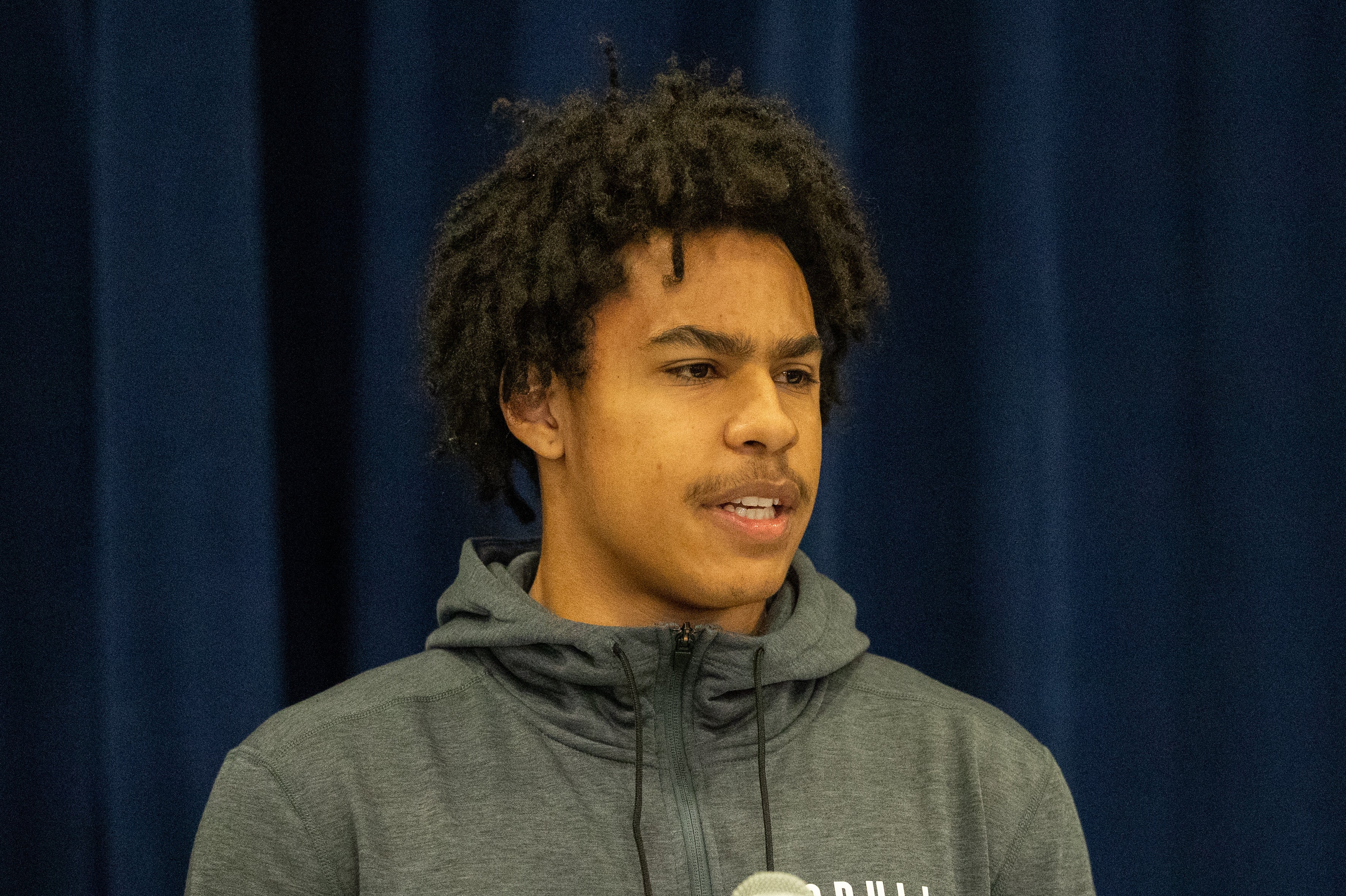 Mar 1, 2024; Indianapolis, IN, USA; Holy Cross wide receiver Jalen Coker (WO03) talks to the media during the 2024 NFL Combine at Lucas Oil Stadium. Mandatory Credit: Trevor Ruszkowski-USA TODAY Sports