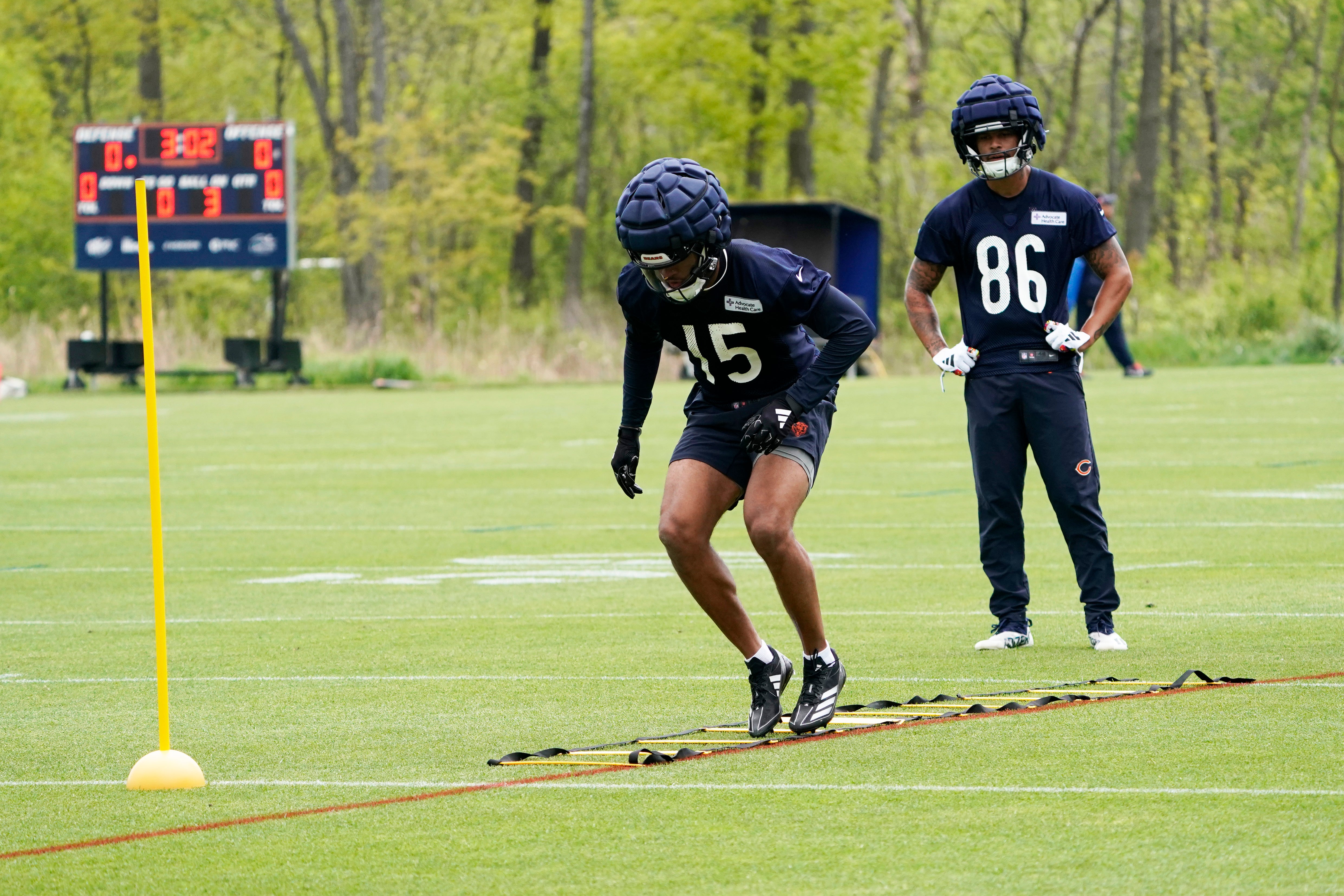 May 10, 2024; Lake Forest, IL, USA; Chicago Bears wide receiver Rome Odunze (15) runs drills during Chicago Bears rookie minicamp at Halas Hall.