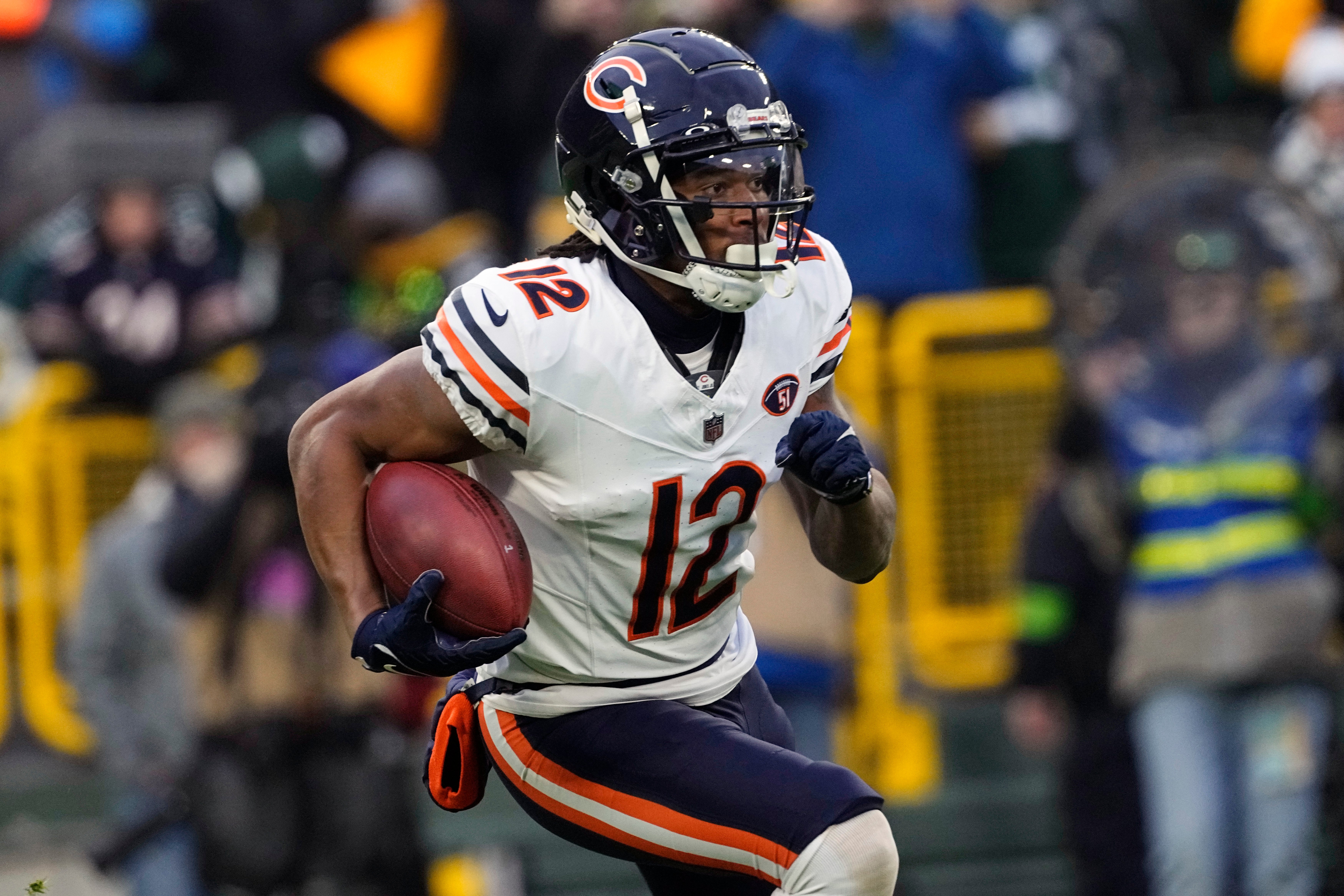 Jan 7, 2024; Green Bay, Wisconsin, USA; Chicago Bears wide receiver Velus Jones Jr. (12) during the game against the Green Bay Packers at Lambeau Field.