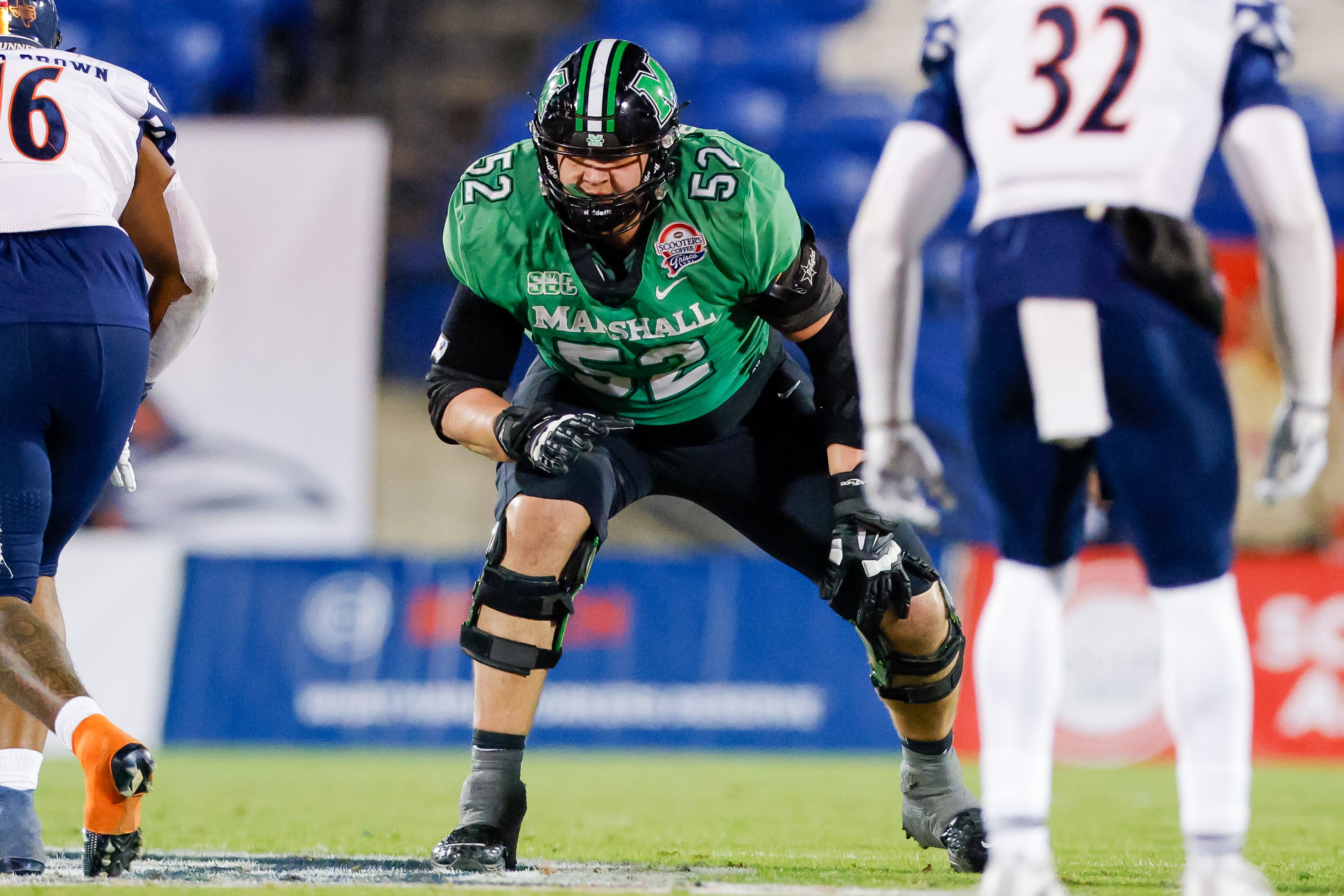 Dec 19, 2023; Frisco, TX, USA; Marshall Thundering Herd offensive lineman Ethan Driskell (52) lines up against the UTSA Roadrunners during the fourth quarter at Toyota Stadium.