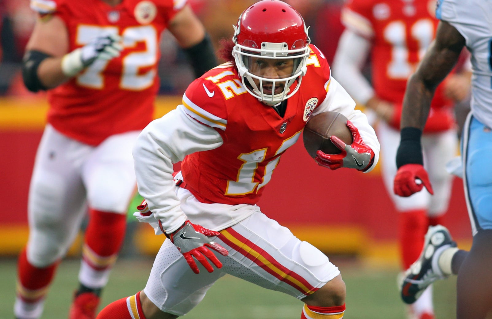 Jan 6, 2018; Kansas City, MO, USA; Kansas City Chiefs wide receiver Albert Wilson (12) runs against the Tennessee Titans during the first half in the AFC Wild Card playoff football game at Arrowhead Stadium.