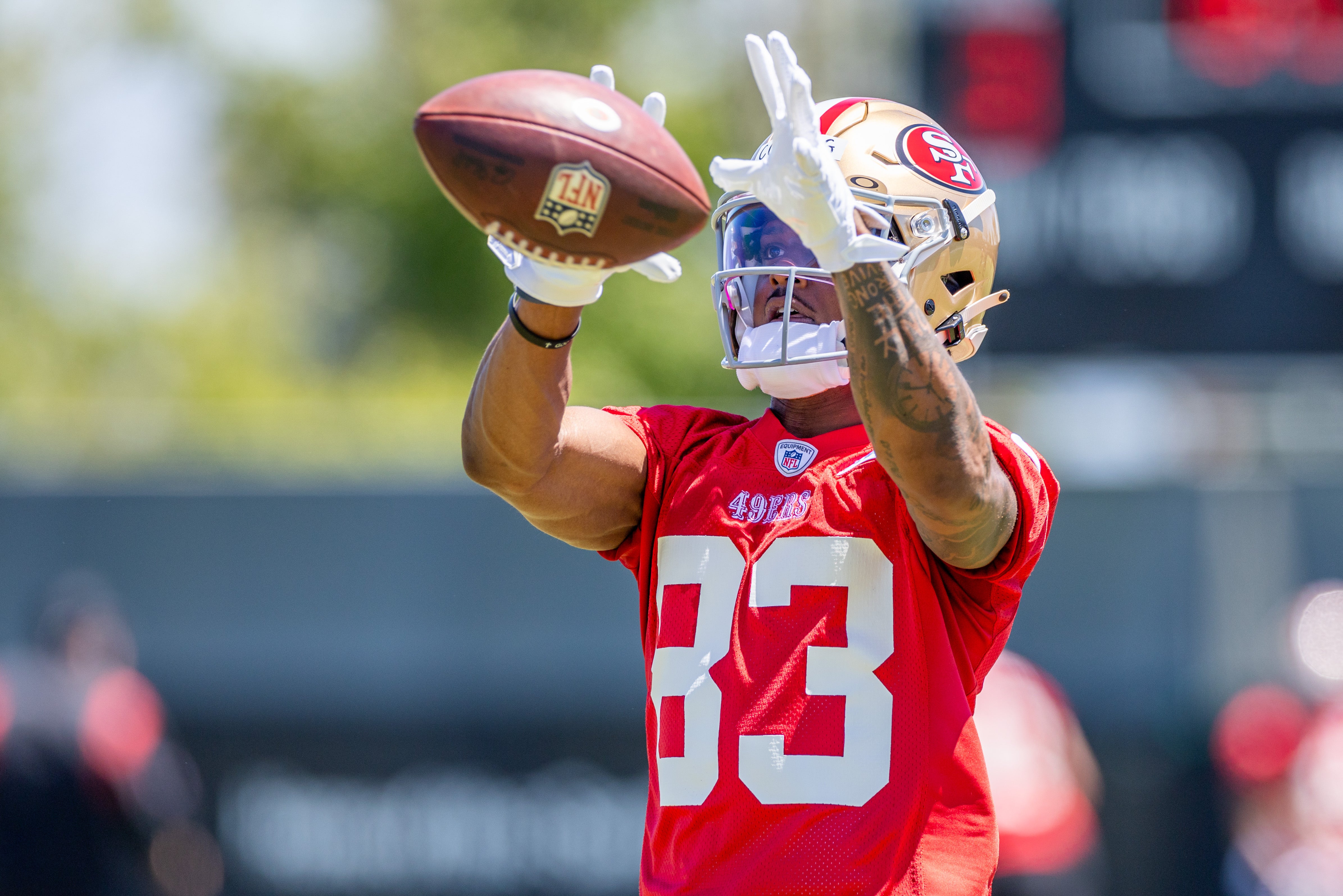 May 10, 2024; Santa Clara, CA, USA; San Francisco 49ers wide receiver Jacob Cowing (83) runs drills during the 49ers rookie minicamp at Levi’s Stadium in Santa Clara, CA.
