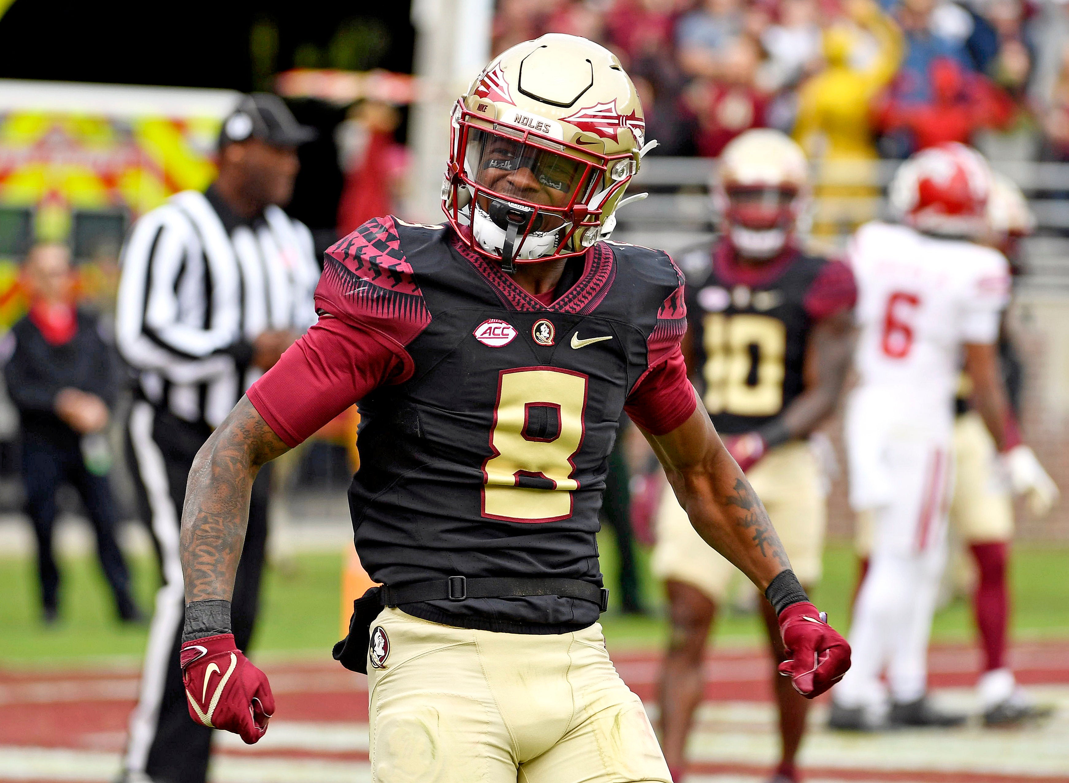 Nov 19, 2022; Tallahassee, Florida, USA; Florida State University wide receiver defensive back Renardo Green (8) reacts during the second half against the Louisiana Ragin' Cajuns at Doak S. Campbell Stadium.