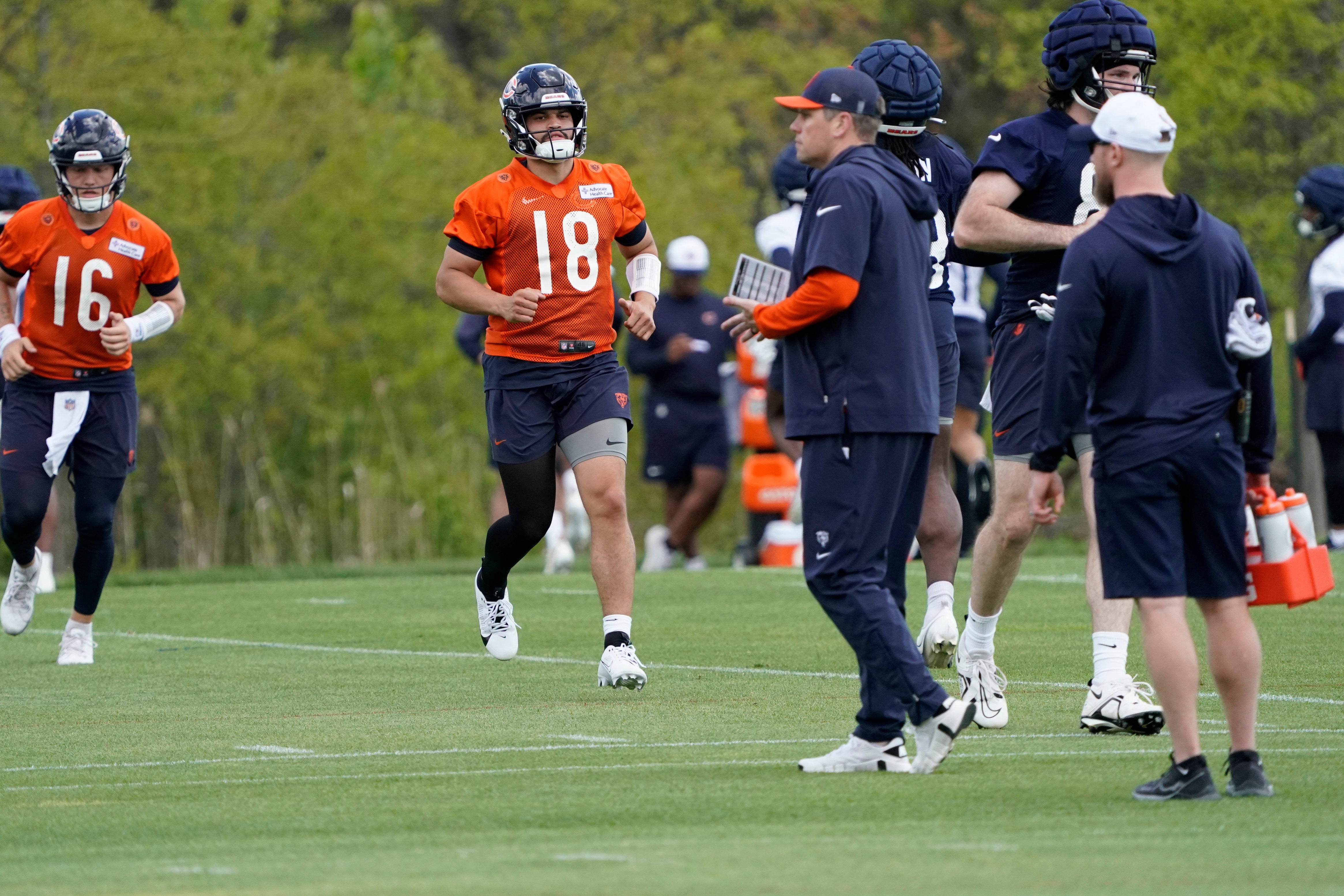 May 10, 2024; Lake Forest, IL, USA; Chicago Bears quarterback Caleb Williams warms up during Chicago Bears rookie minicamp at Halas Hall.