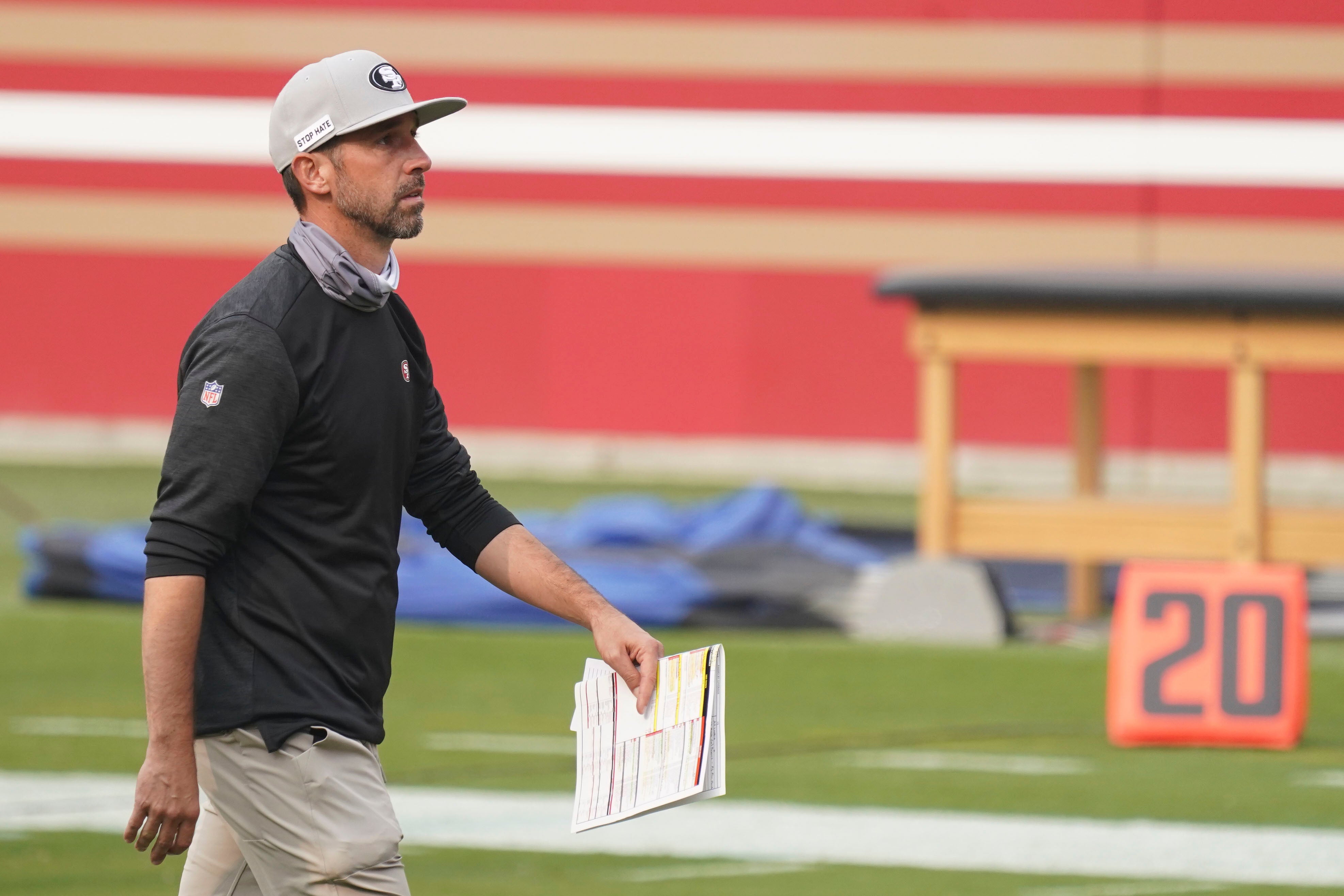 September 13, 2020; Santa Clara, California, USA; San Francisco 49ers head coach Kyle Shanahan walks off the field after the game against the Arizona Cardinals at Levi's Stadium.