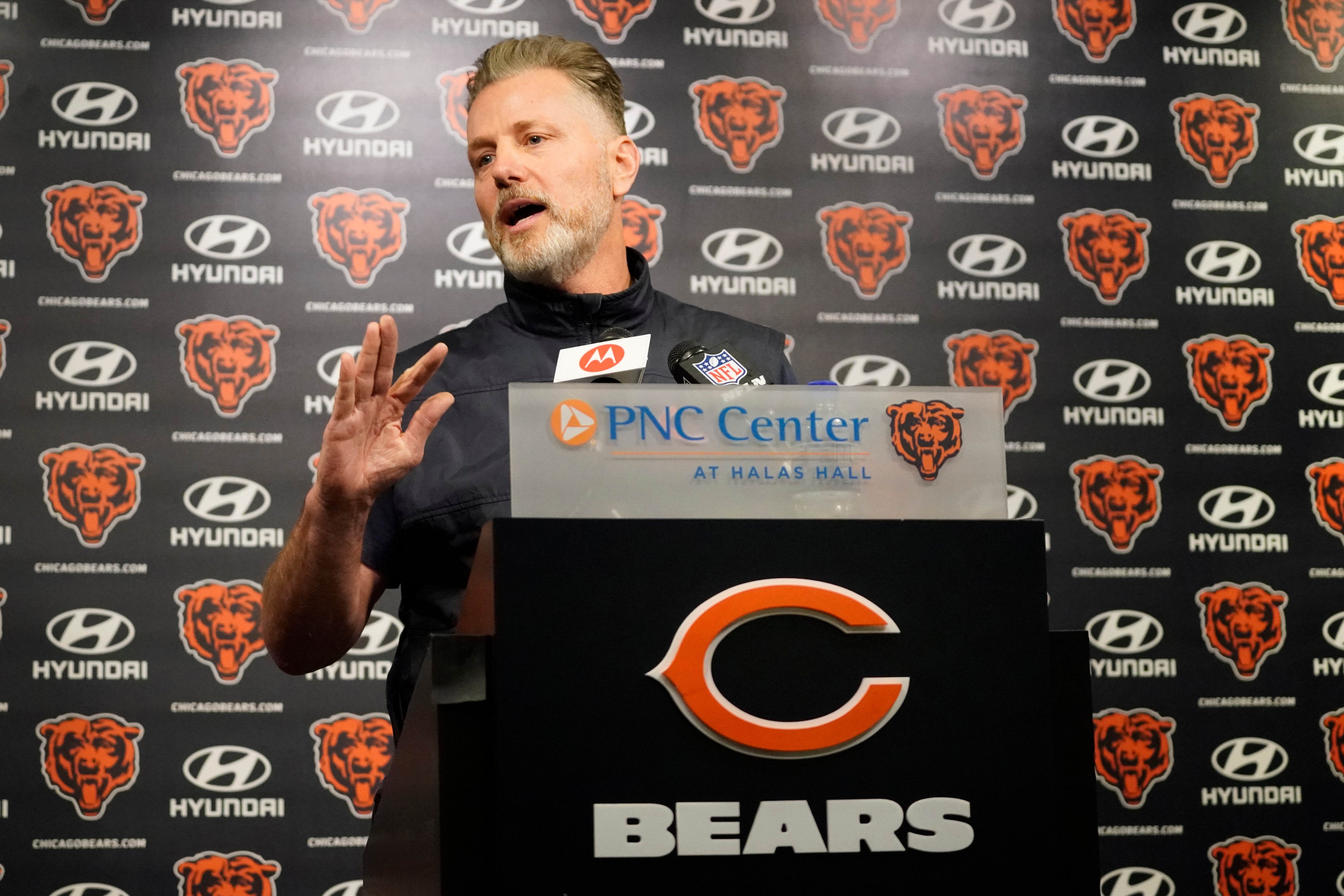 May 10, 2024; Lake Forest, IL, USA; Chicago Bears head coach Matt Eberflus during a press conference before Chicago Bears rookie minicamp at Halas Hall.