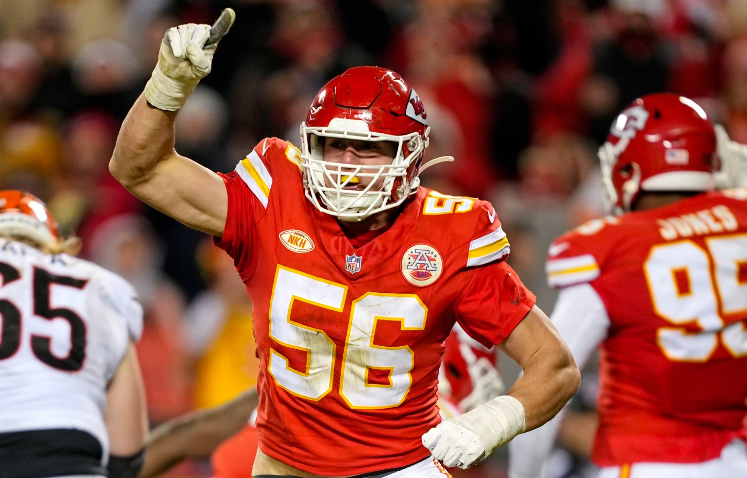 Dec 31, 2023; Kansas City, Missouri, USA; Kansas City Chiefs defensive end George Karlaftis (56) celebrates after a sack during the second half against the Cincinnati Bengals at GEHA Field at Arrowhead Stadium.