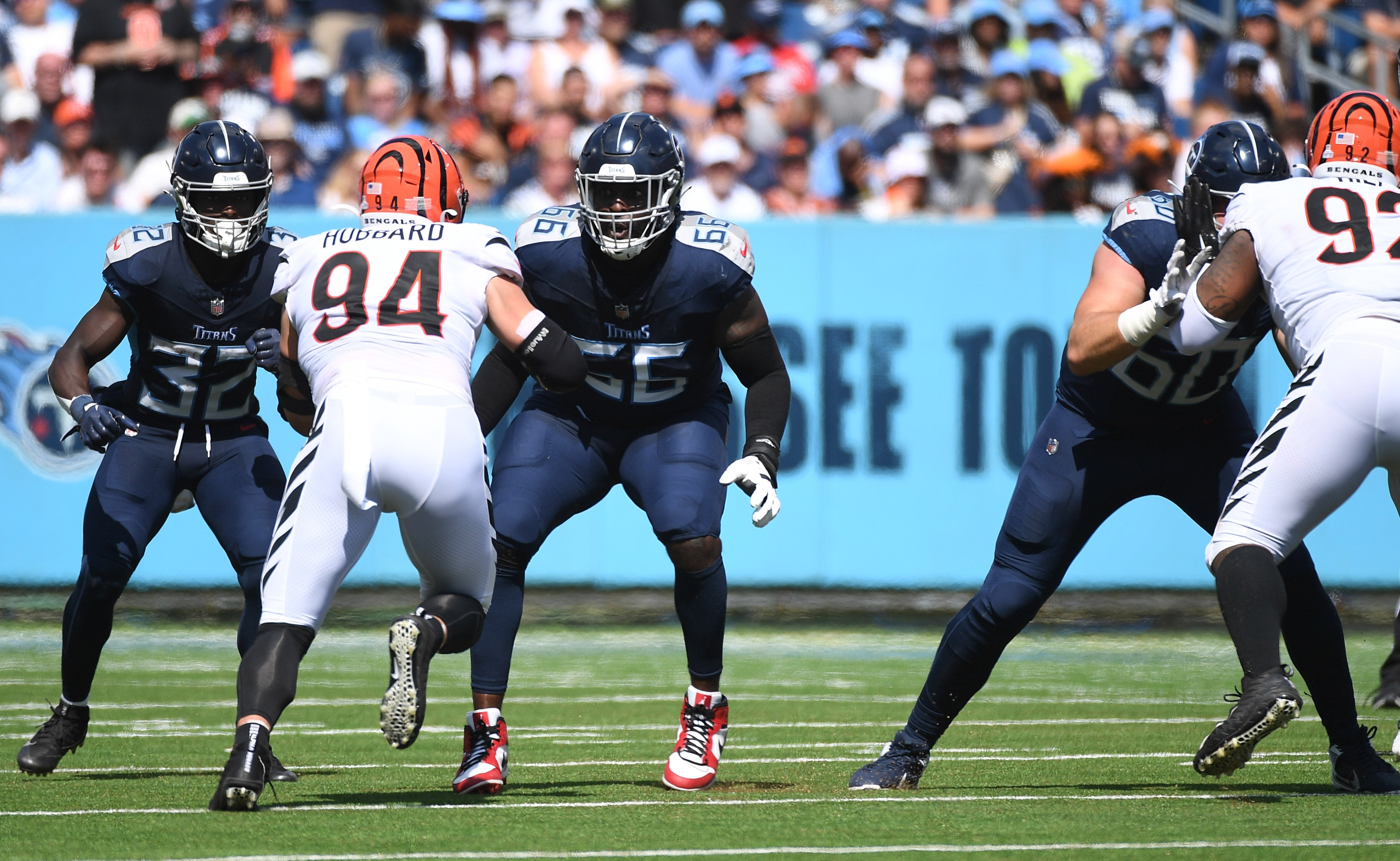 Oct 1, 2023; Nashville, Tennessee, USA; Tennessee Titans offensive tackle Chris Hubbard (66) blocks against Cincinnati Bengals defensive end Sam Hubbard (94) during the first half at Nissan Stadium.