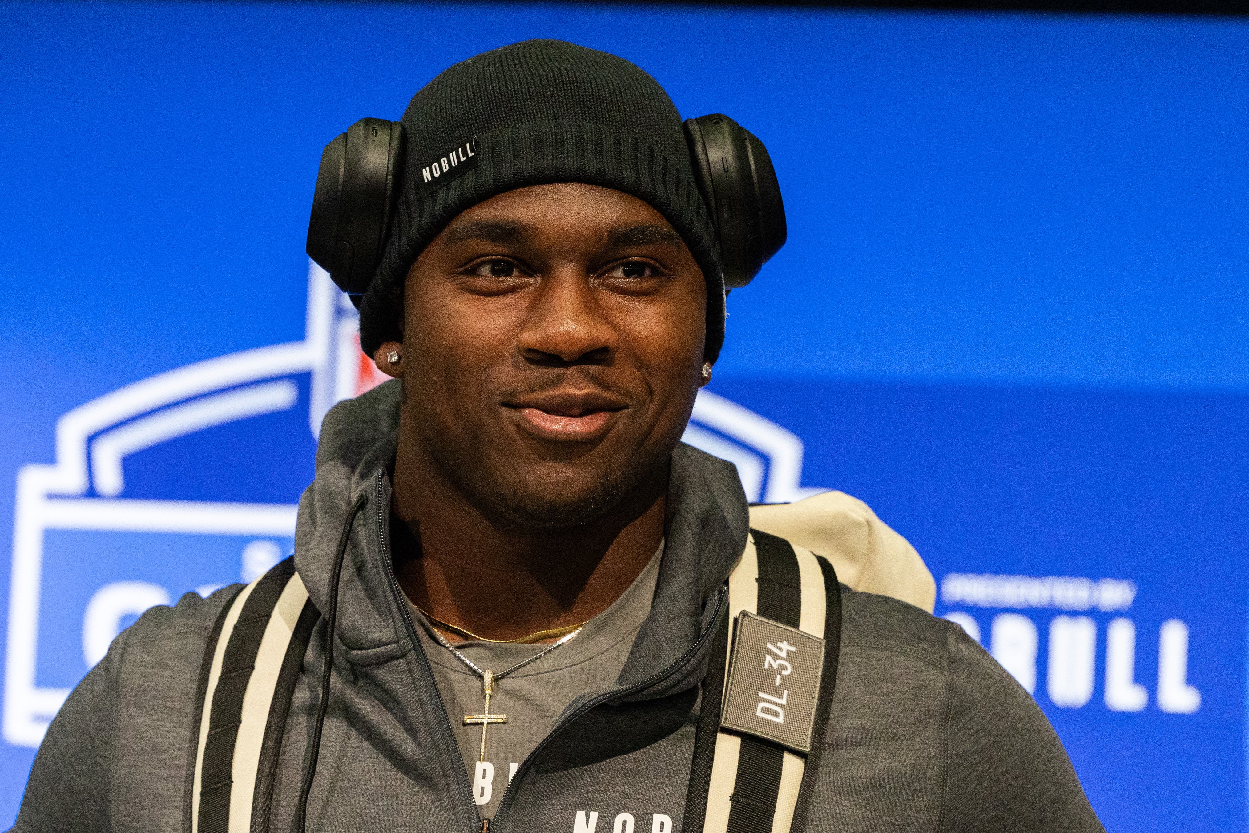 Houston Christian defensive lineman Jalyx Hunt (DL34) talks to the media at the 2024 NFL Combine at Indiana Convention Center.