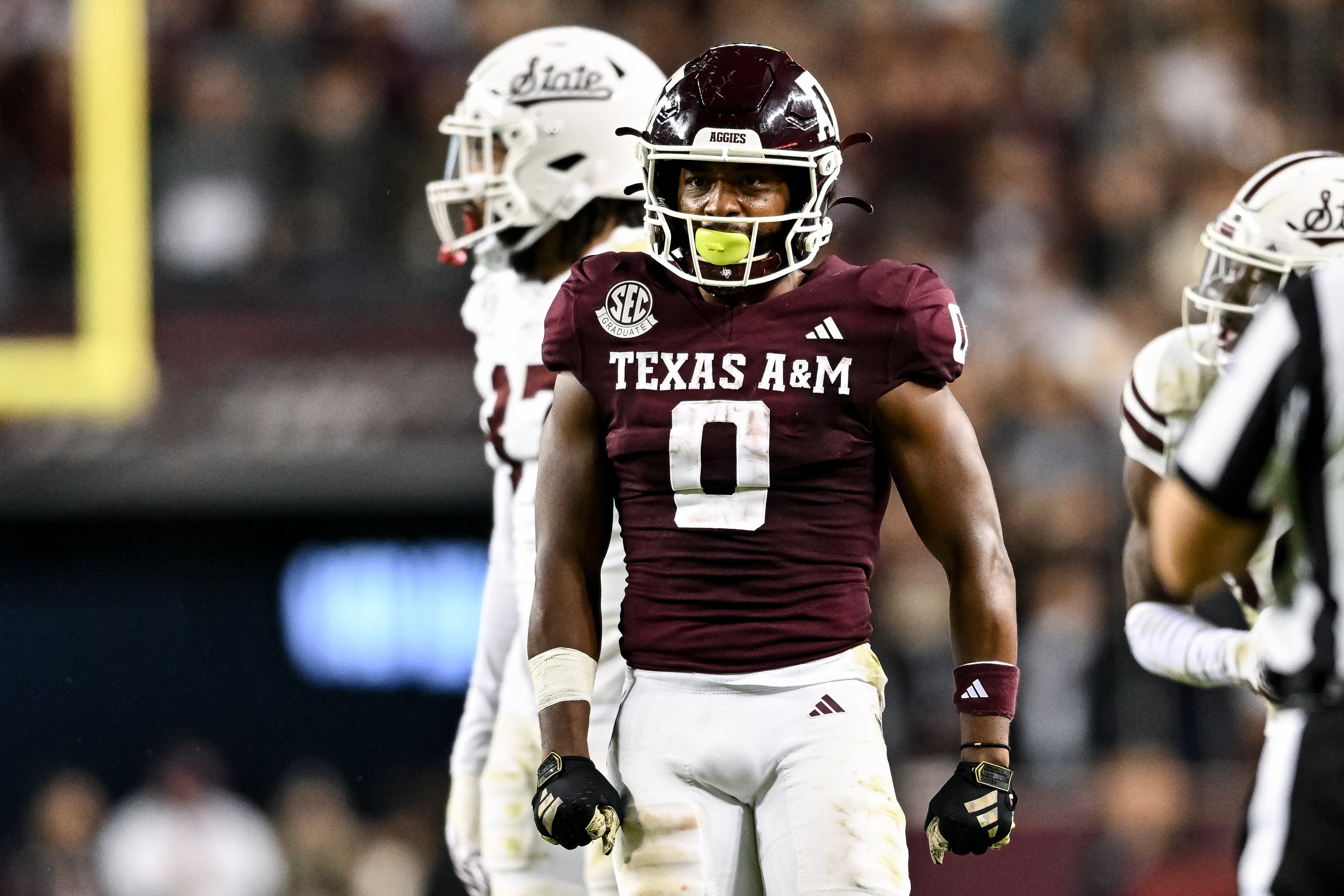 Texas A&M Aggies wide receiver Ainias Smith (0) stands on the field during the second half against the Mississippi State Bulldogs at Kyle Field.