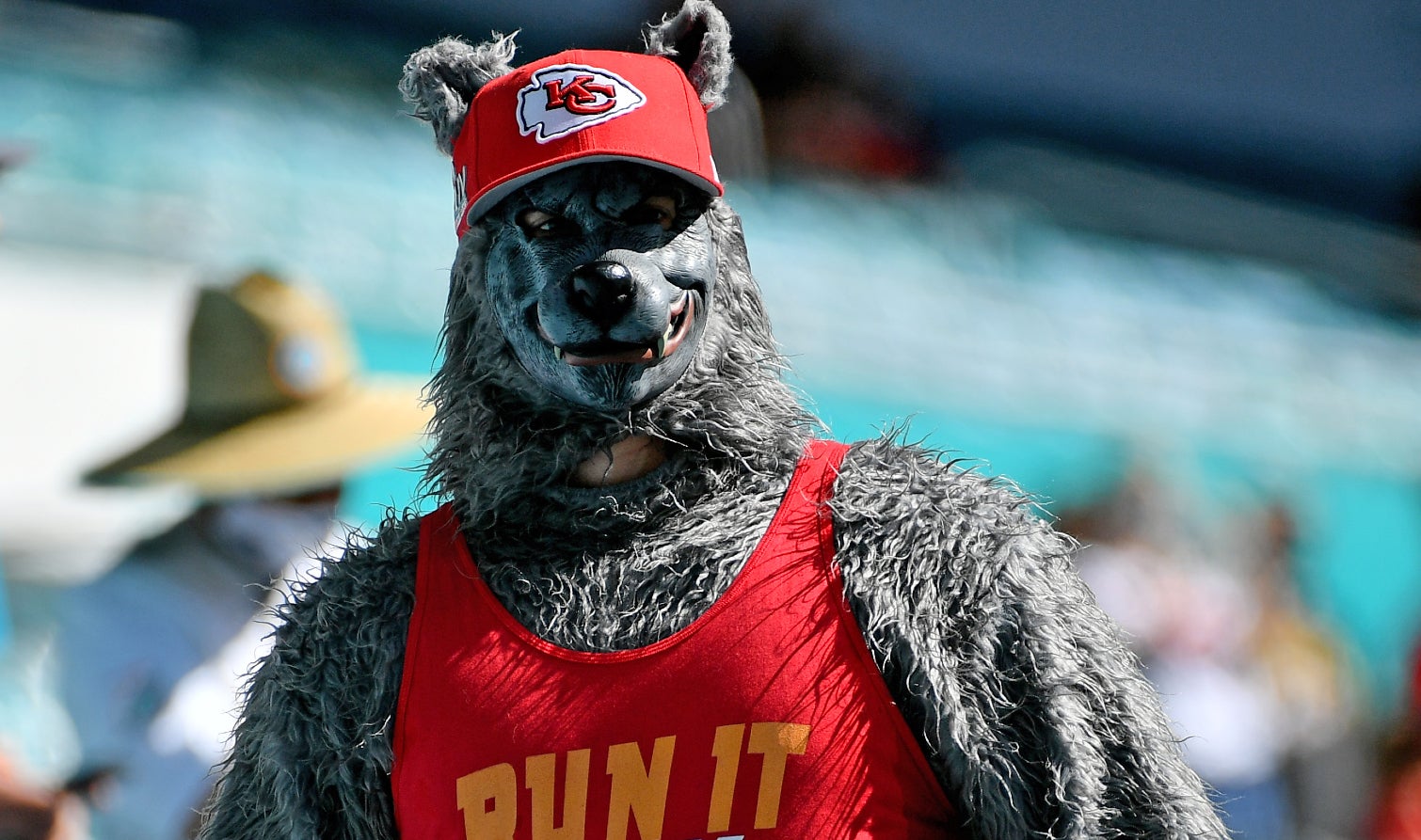 Dec 13, 2020; Miami Gardens, Florida, USA; A Kansas City Chiefs fan dressed as a wolf in attendance for the game between the Miami Dolphins and the Kansas City Chiefs at Hard Rock Stadium.