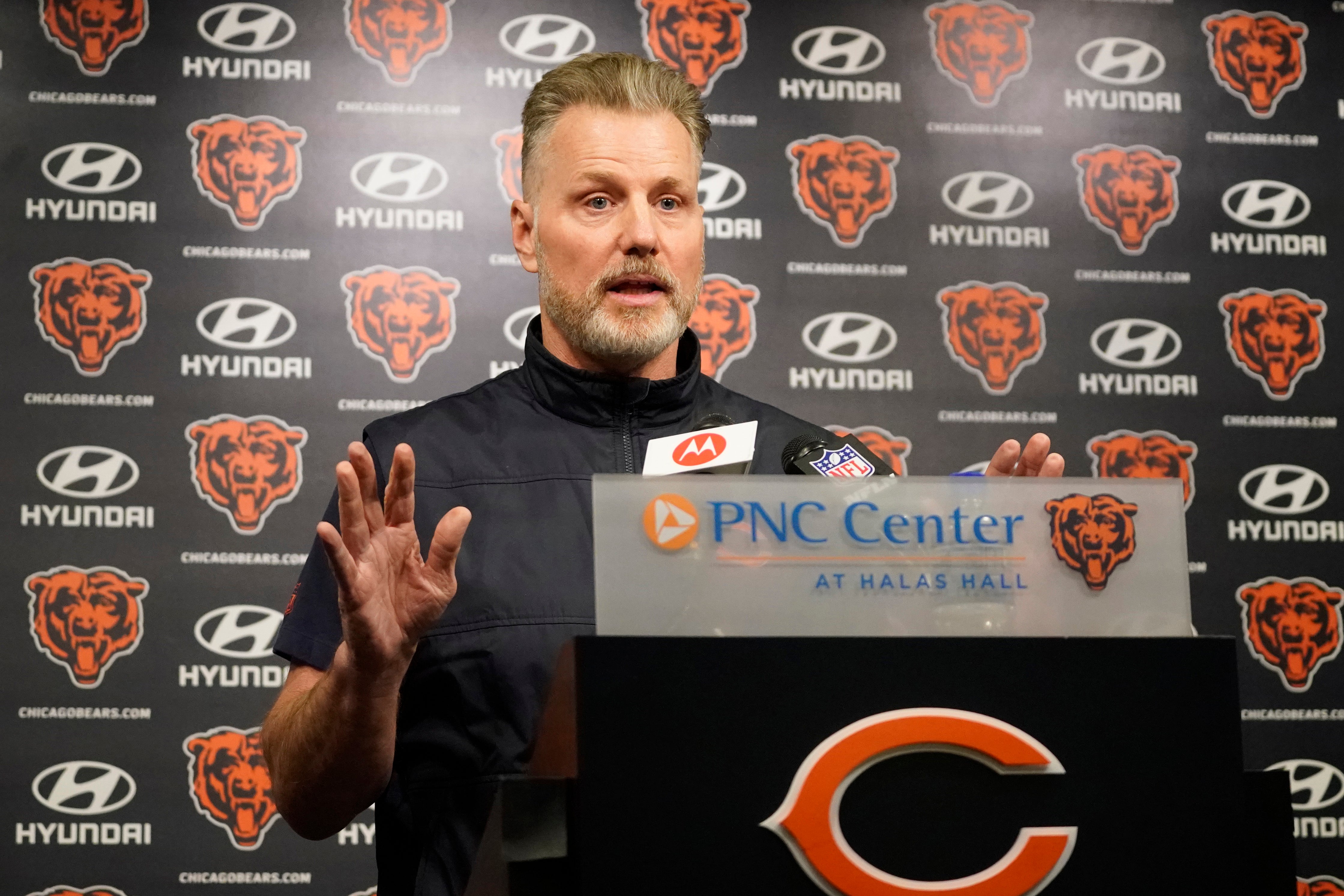 May 10, 2024; Lake Forest, IL, USA; Chicago Bears head coach Matt Eberflus during a press conference before Chicago Bears rookie minicamp at Halas Hall.