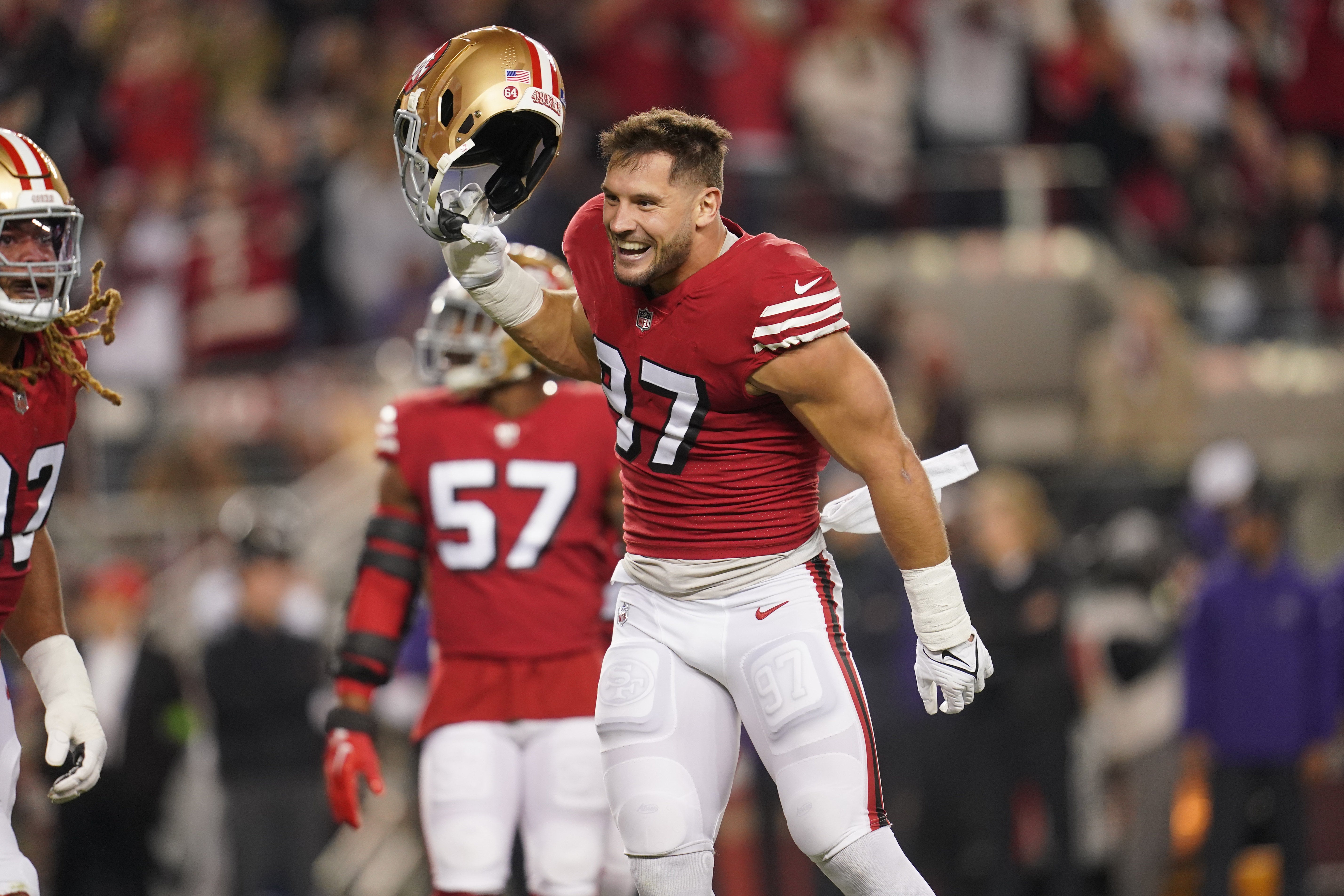 Dec 25, 2023; Santa Clara, California, USA; San Francisco 49ers defensive end Nick Bosa (97) reacts after the 49ers recorded a safety against the Baltimore Ravens in the first quarter at Levi's Stadium.