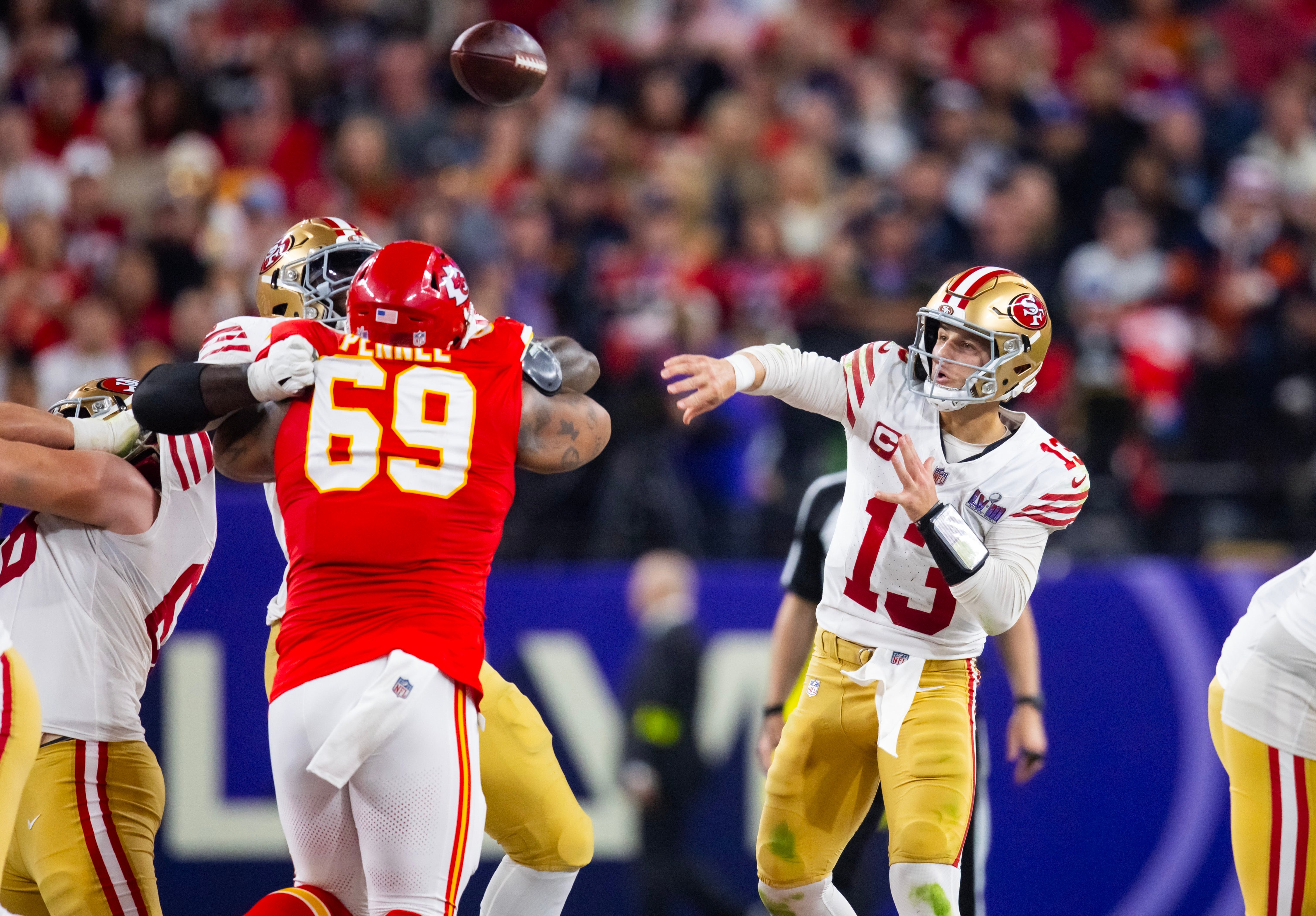 Feb 11, 2024; Paradise, Nevada, USA; San Francisco 49ers quarterback Brock Purdy (13) throws a pass against the Kansas City Chiefs in the second half in Super Bowl LVIII at Allegiant Stadium. Mandatory Credit: Mark J. Rebilas-USA TODAY Sports
