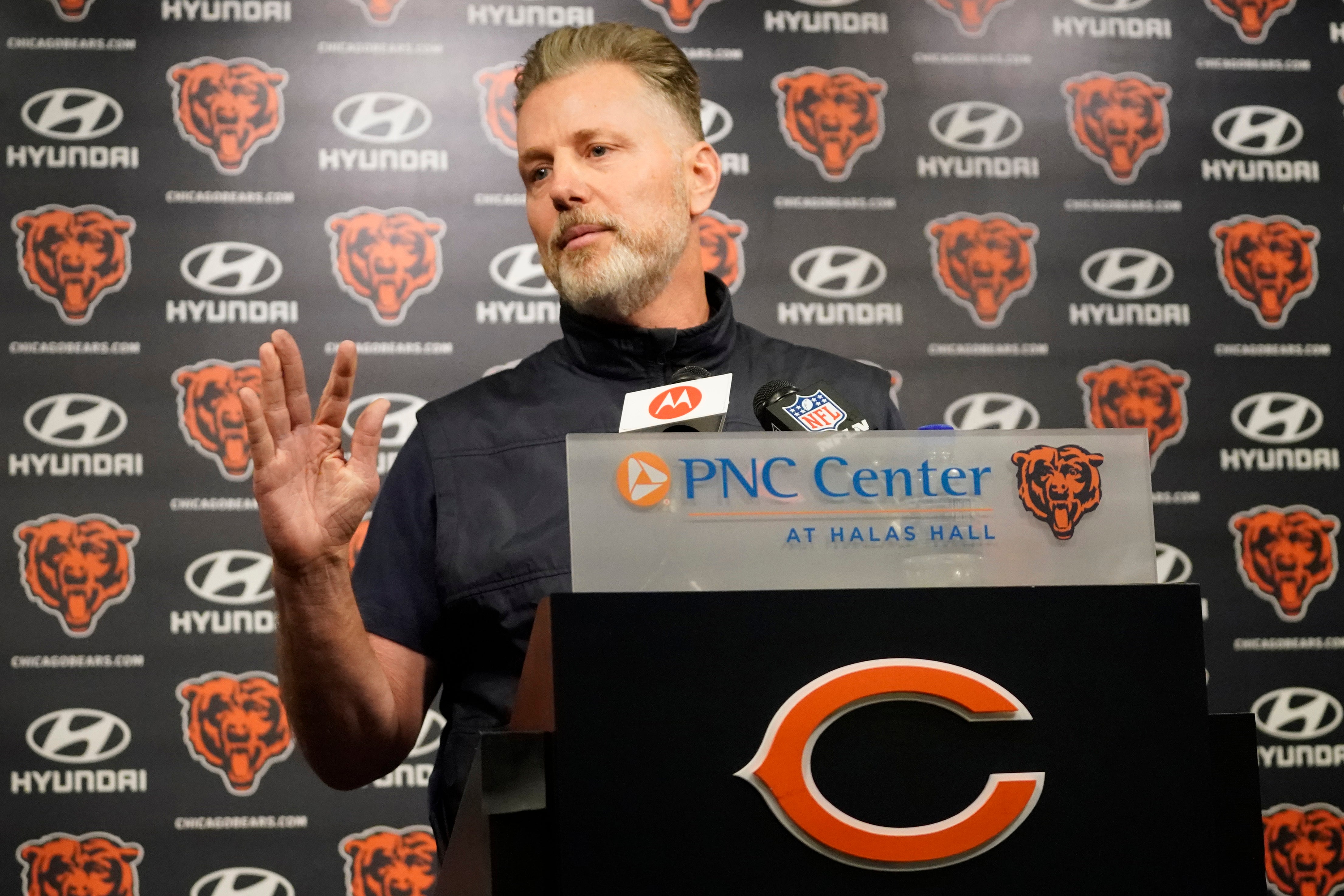 May 10, 2024; Lake Forest, IL, USA; Chicago Bears head coach Matt Eberflus during a press conference before Chicago Bears rookie minicamp at Halas Hall.