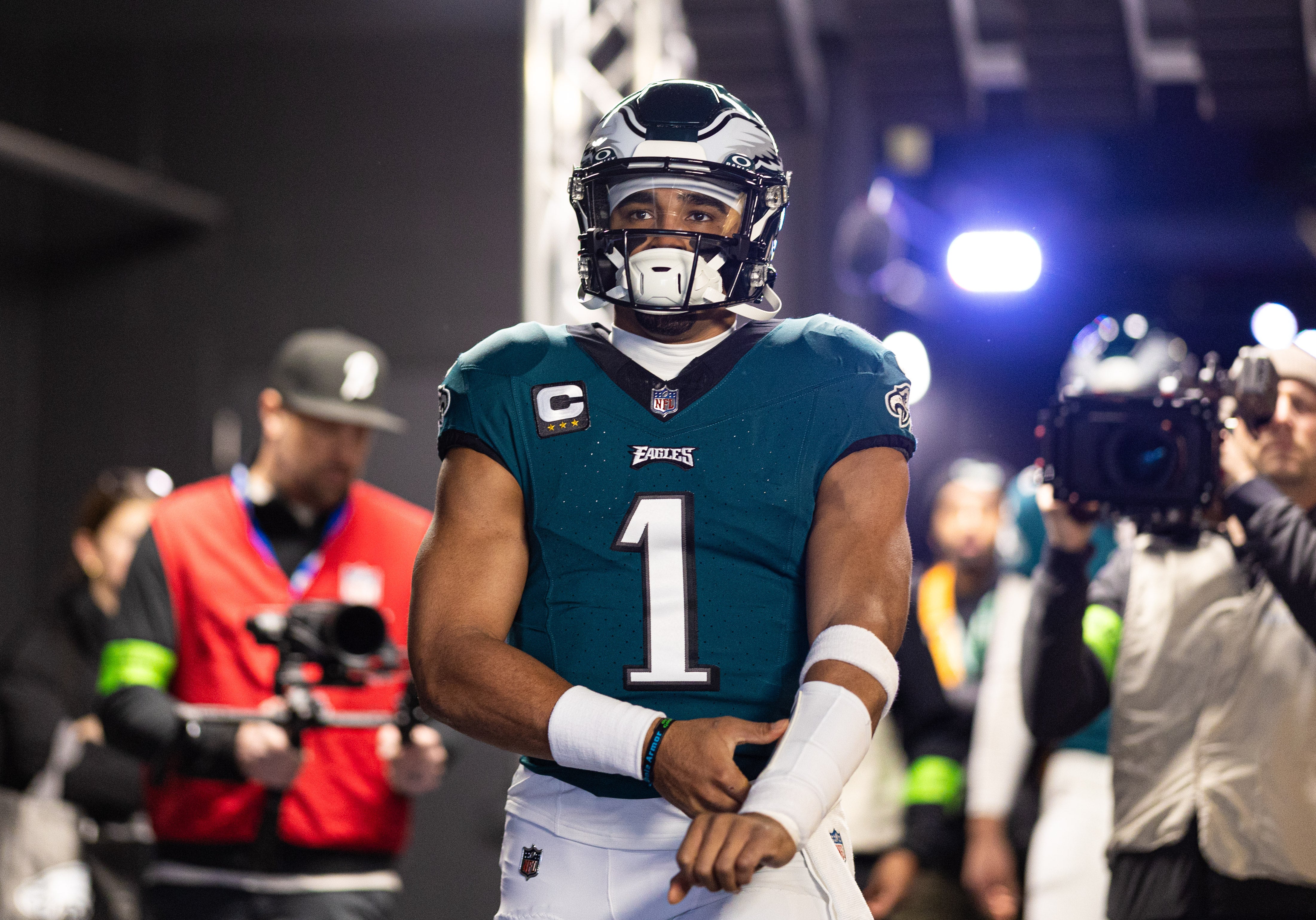 Philadelphia Eagles quarterback Jalen Hurts (1) walks from the tunnel for a game against the Arizona Cardinals at Lincoln Financial Field.
