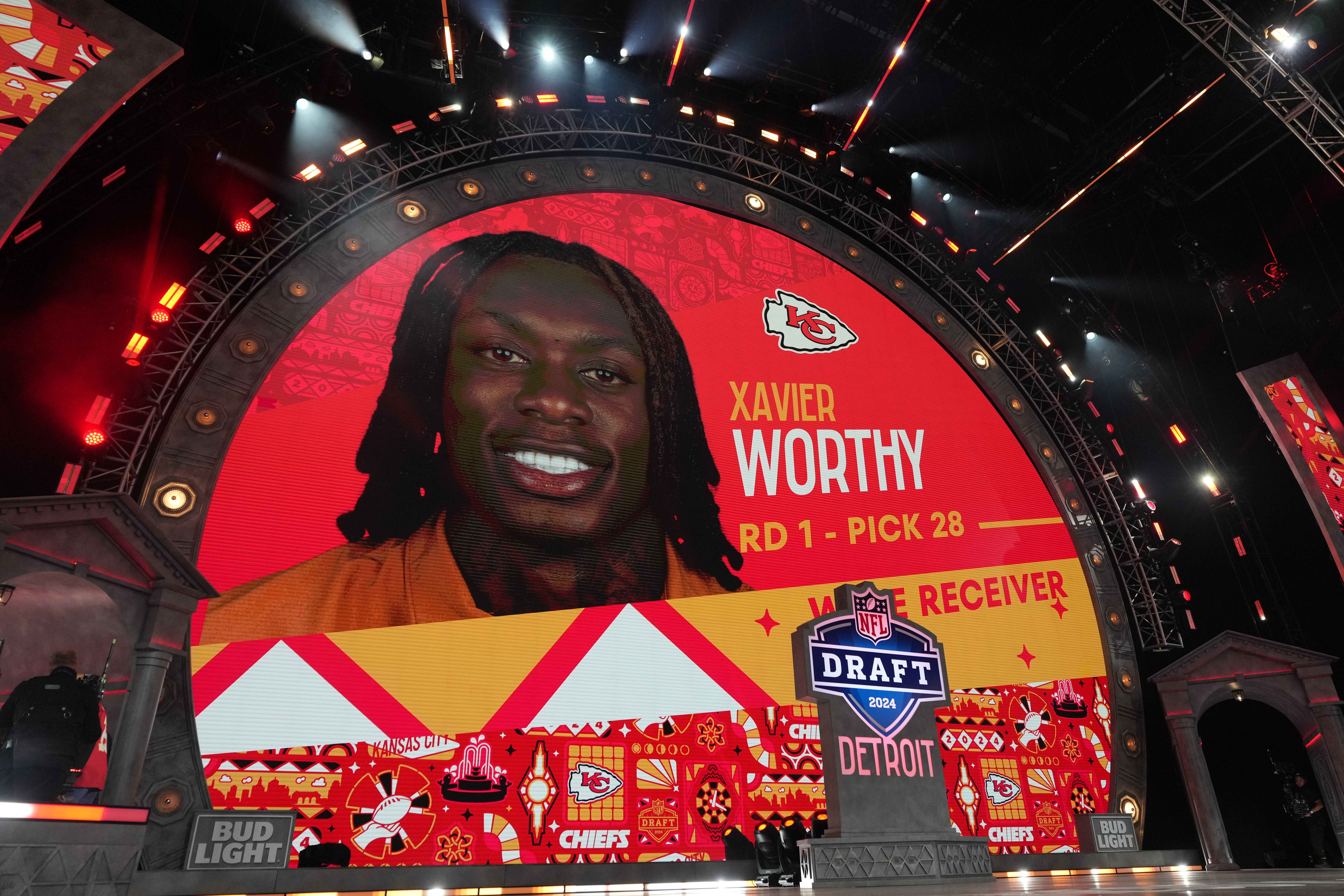 Apr 25, 2024; Detroit, MI, USA; Texas Longhorns wide receiver Xavier Worthy is selected as the No. 28 pick of the first round by the Kansas City Chiefs during the 2024 NFL Draft at Campus Martius Park and Hart Plaza.