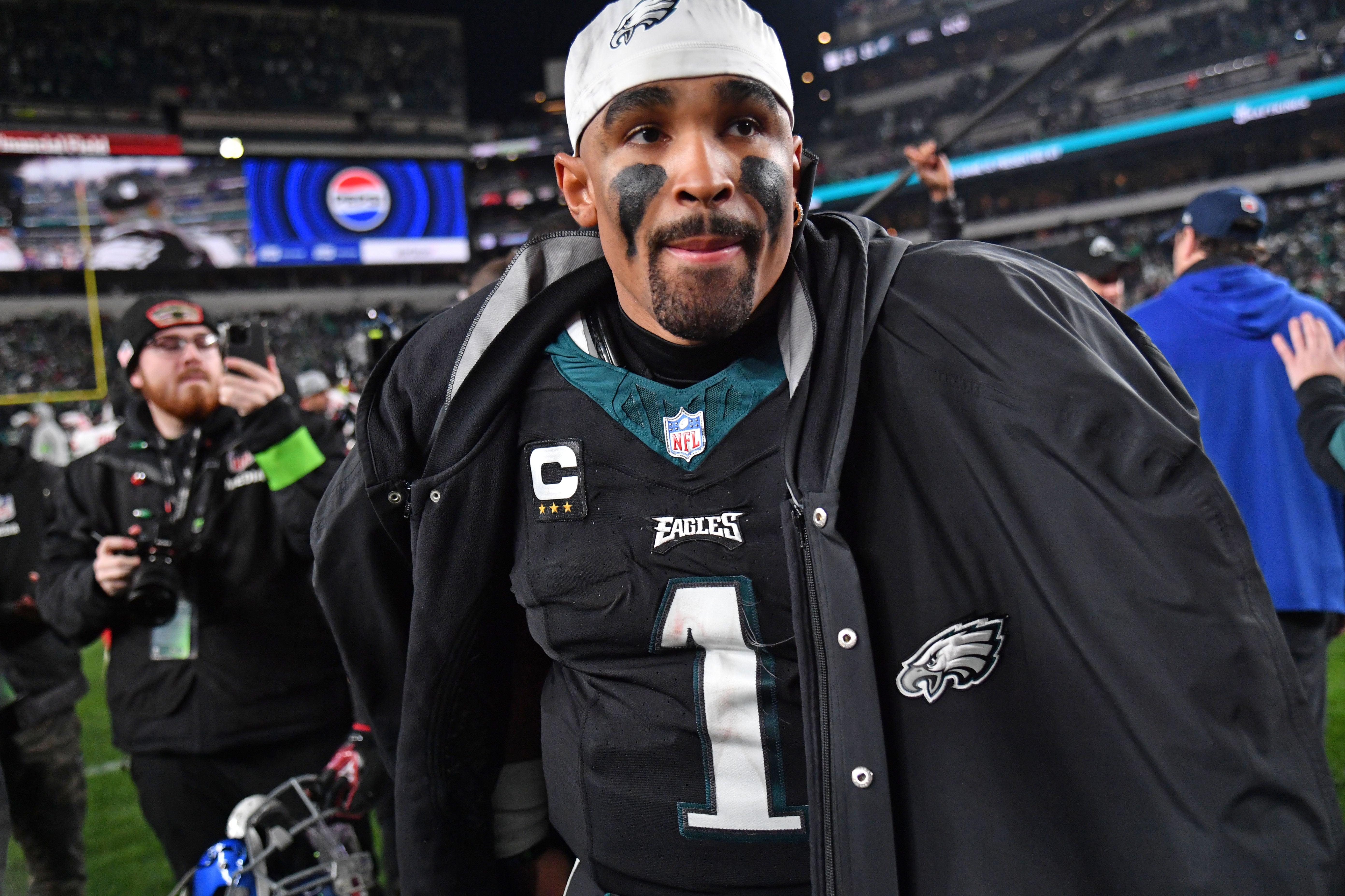 Philadelphia Eagles quarterback Jalen Hurts (1) walks off the field after win against the New York Giants at Lincoln Financial Field.