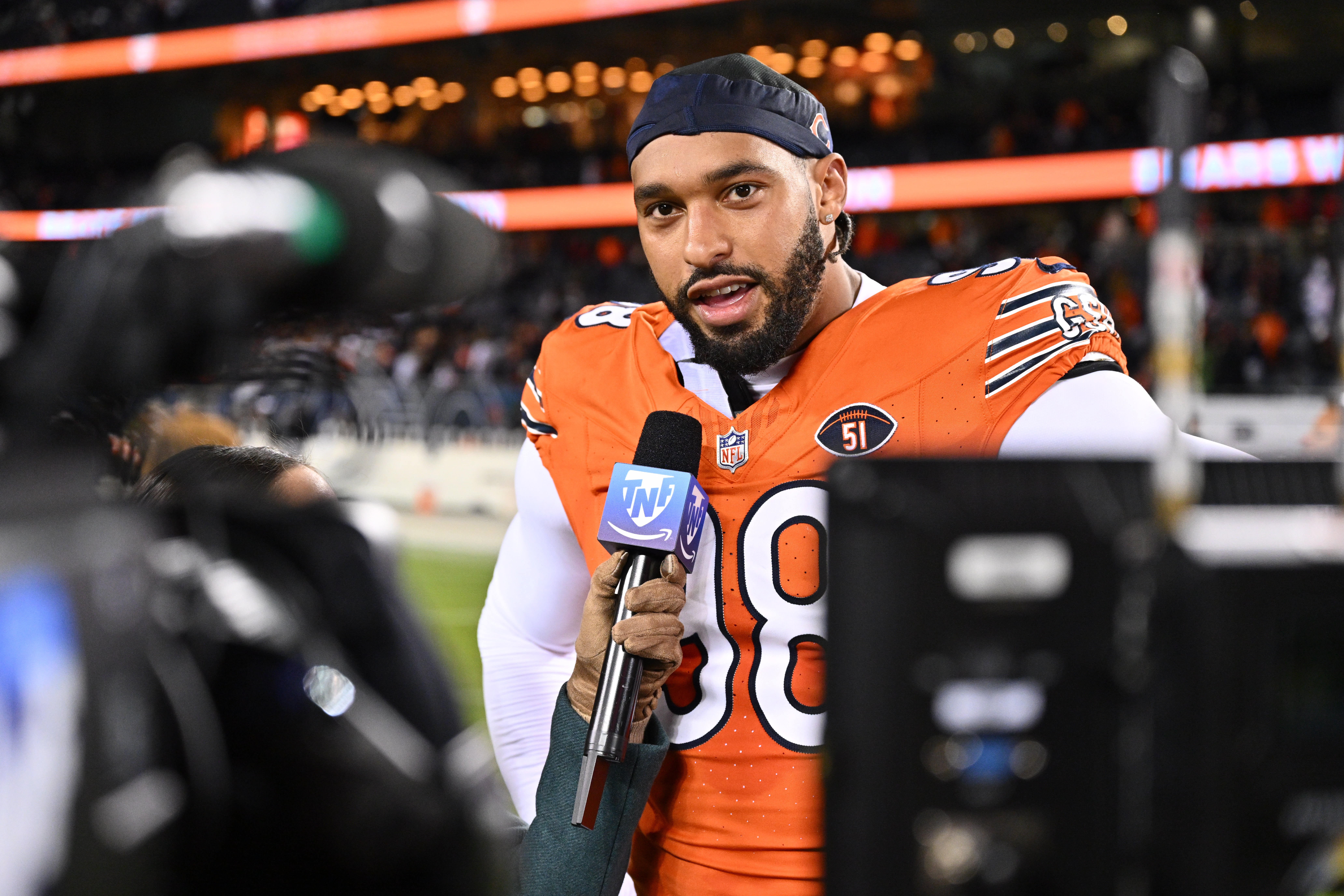 Nov 9, 2023; Chicago, Illinois, USA; Chicago Bears defensive lineman Montez Sweat (98) is interviewed for television after a 16-13 win over the Carolina Panthers at Soldier Field.