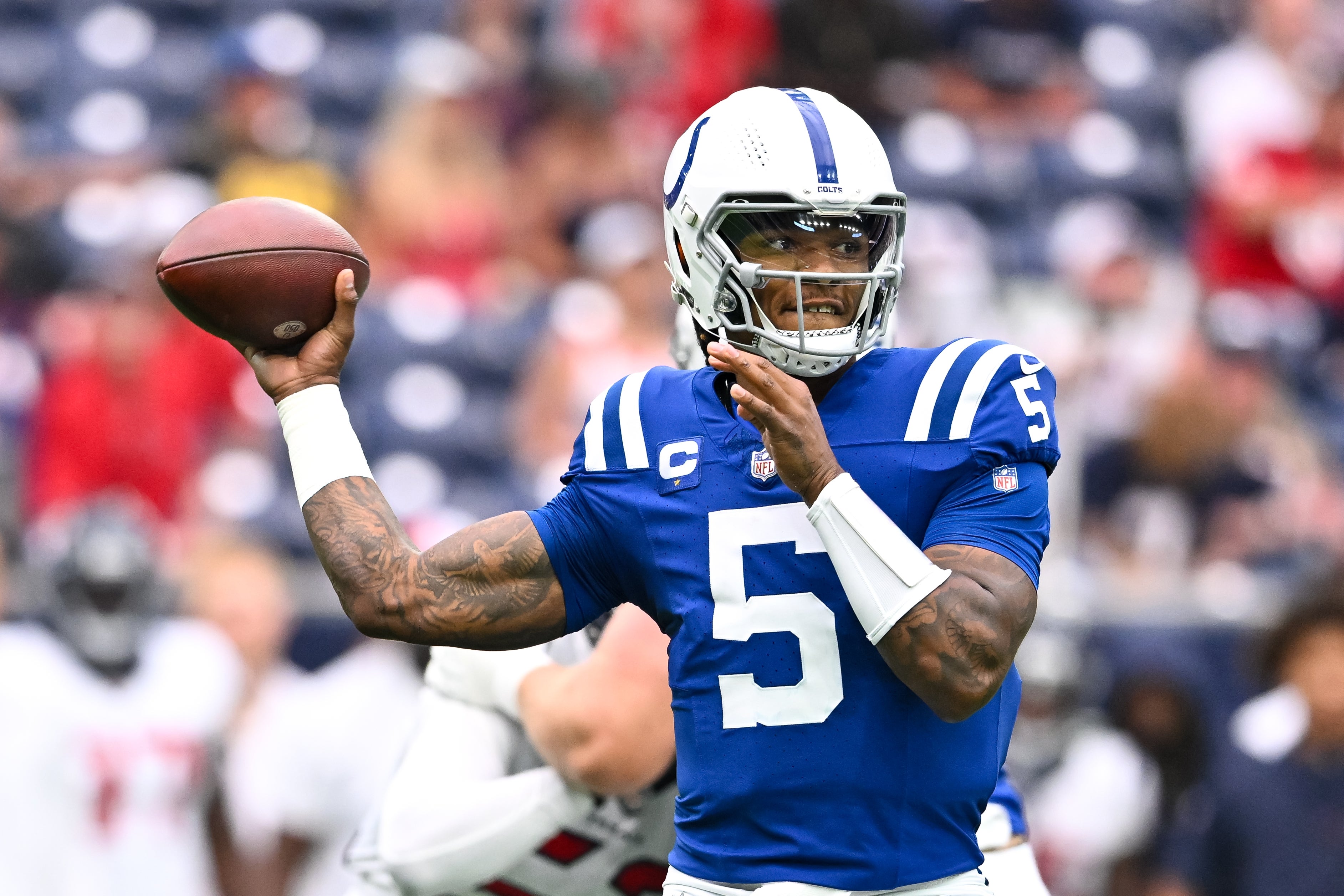 Sep 17, 2023; Houston, Texas, USA; Indianapolis Colts quarterback Anthony Richardson (5) looks to pass the ball during the first half against the Houston Texans at NRG Stadium.