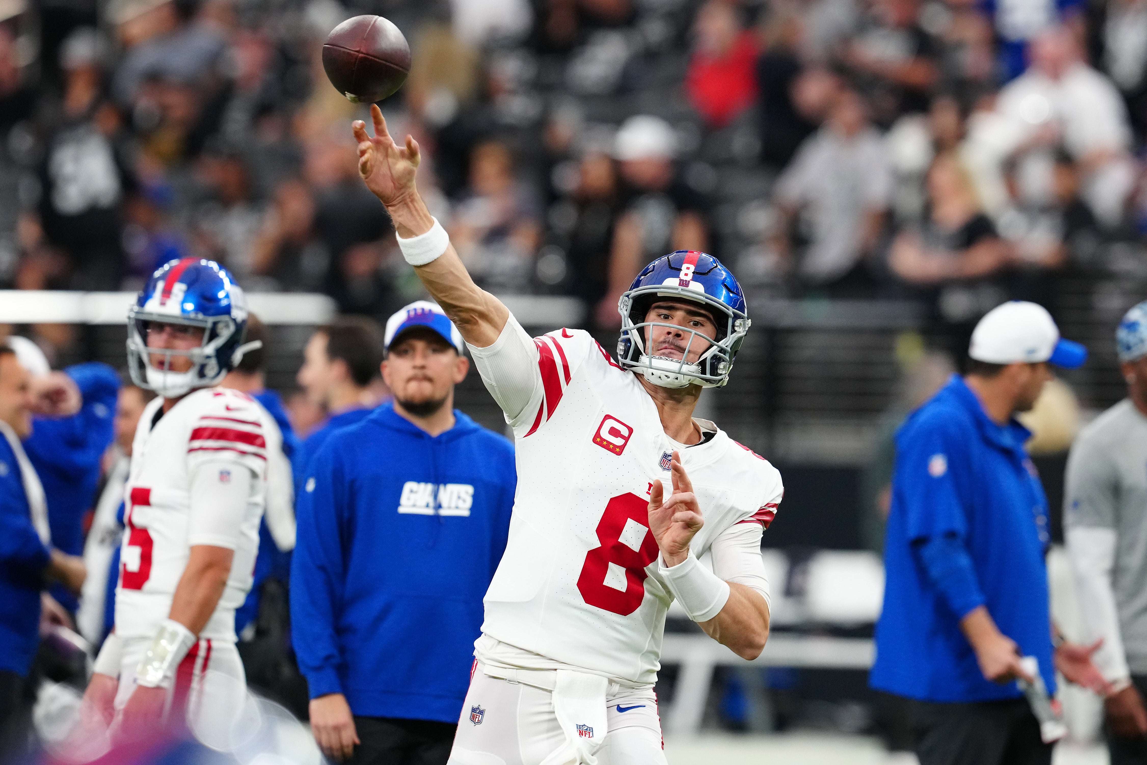 Nov 5, 2023; Paradise, Nevada, USA; New York Giants quarterback Daniel Jones (8) warms up before a game against the Las Vegas Raiders at Allegiant Stadium.