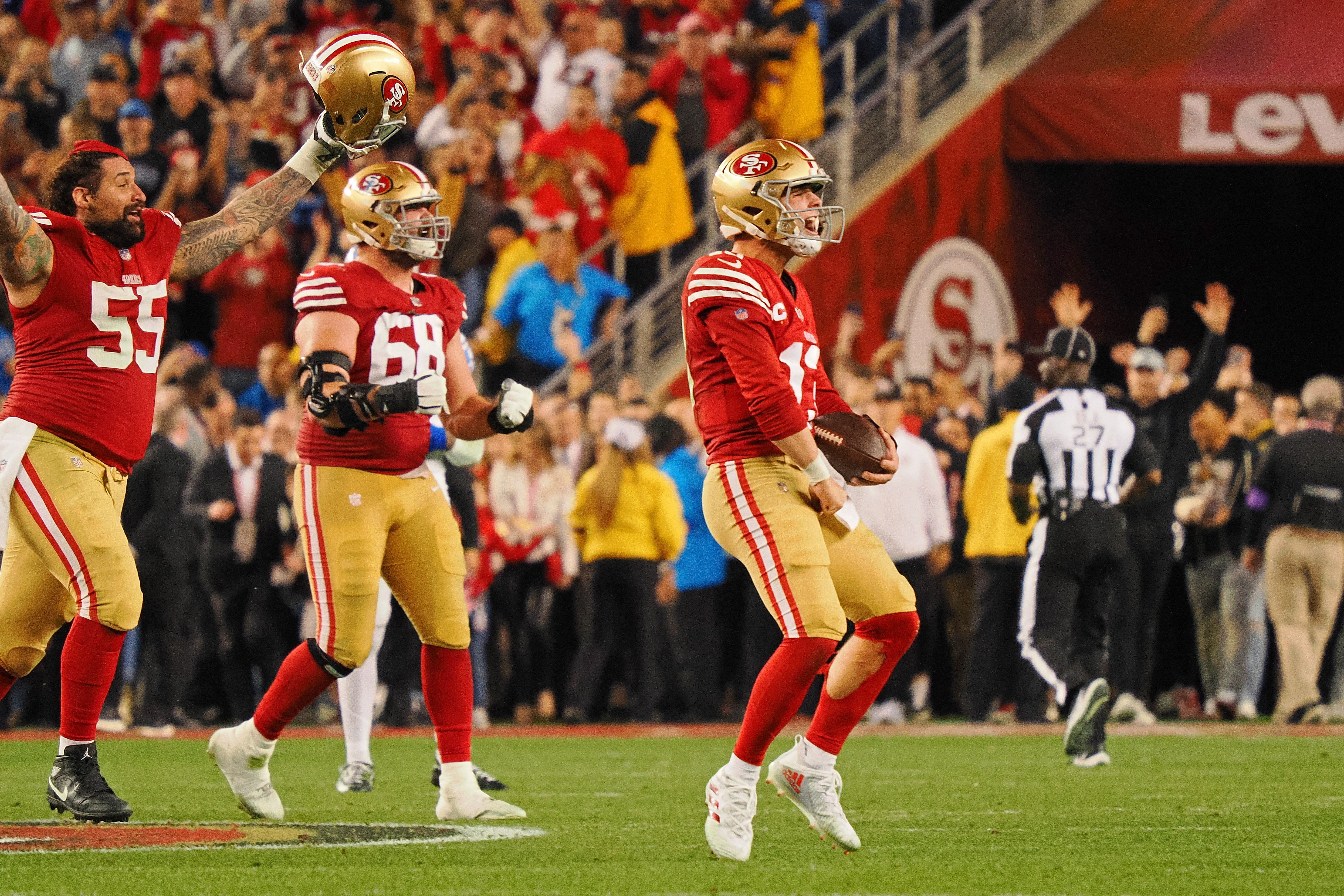 Jan 28, 2024; Santa Clara, California, USA; San Francisco 49ers quarterback Brock Purdy (13) celebrates after winning the NFC Championship football game against the Detroit Lions at Levi's Stadium.
