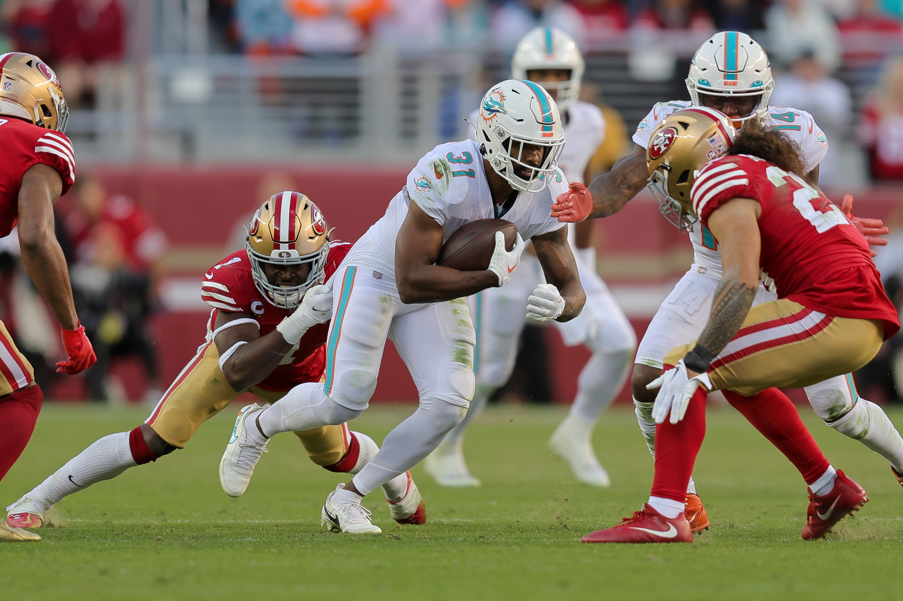 Dec 4, 2022; Santa Clara, California, USA; Miami Dolphins running back Raheem Mostert (31) during the game against the San Francisco 49ers at Levi's Stadium.