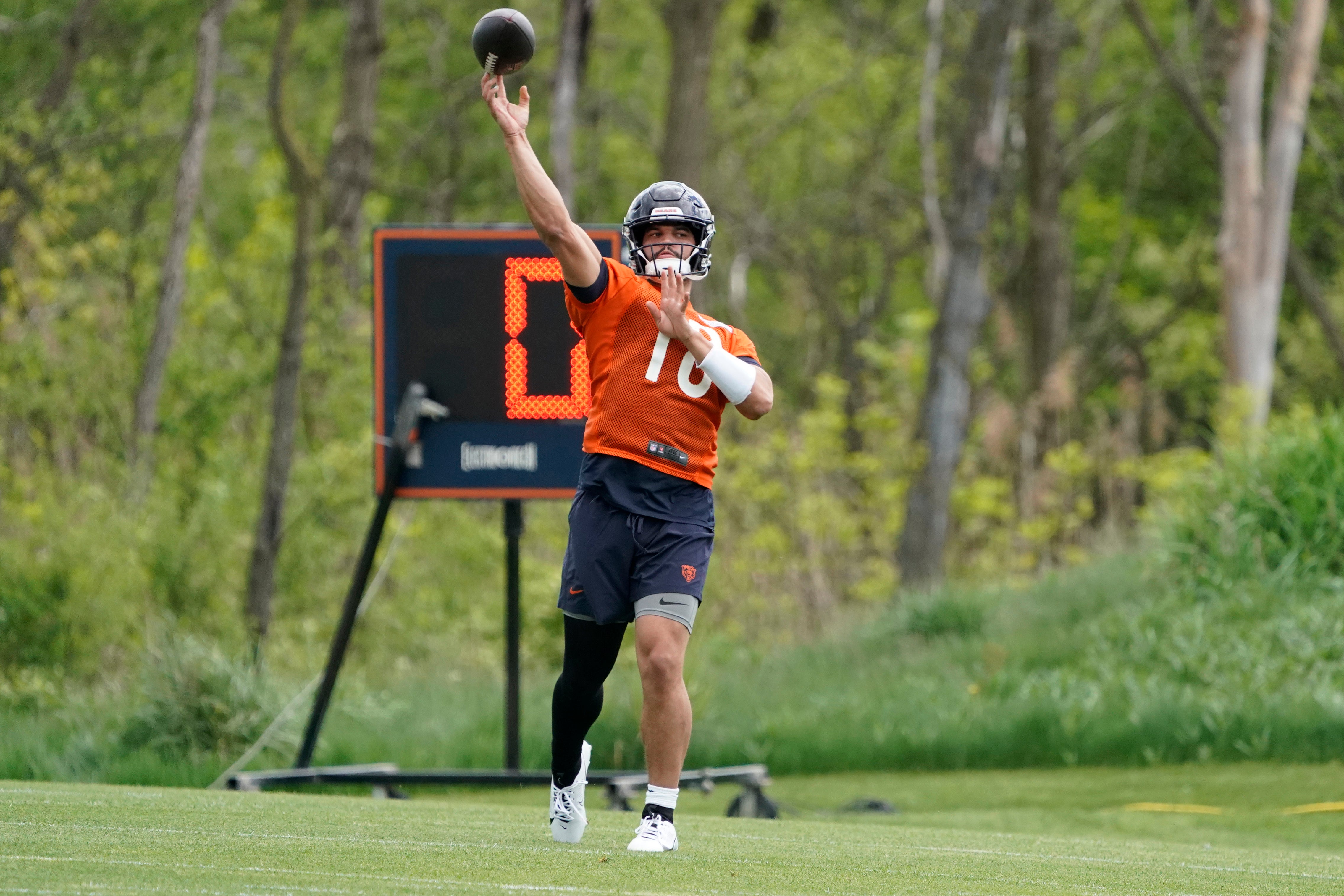 May 10, 2024; Lake Forest, IL, USA; Chicago Bears quarterback Caleb Williams throws the ball during Chicago Bears rookie minicamp at Halas Hall.