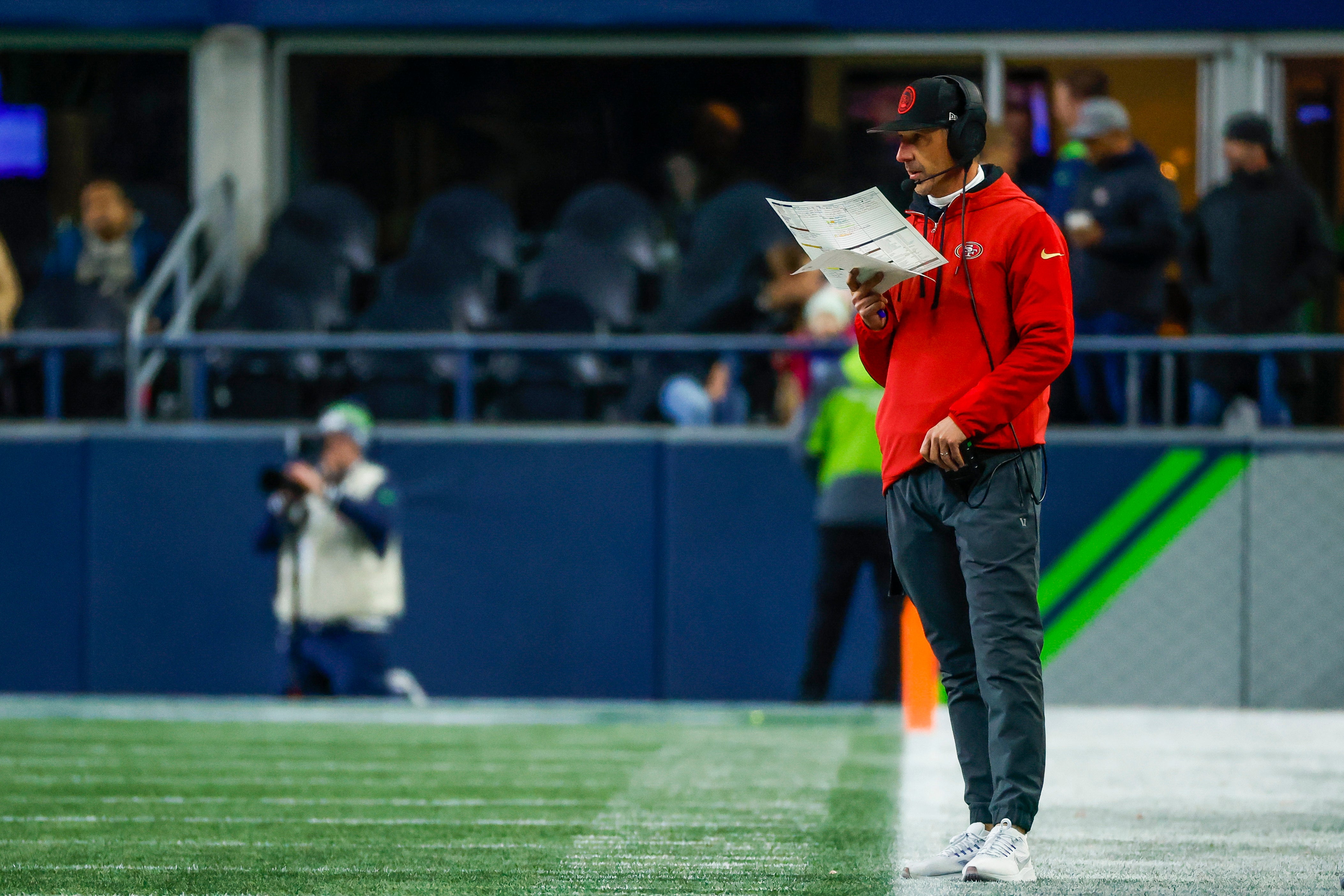 Nov 23, 2023; Seattle, Washington, USA; San Francisco 49ers head coach Kyle Shanahan stands on the sideline during the third quarter against the Seattle Seahawks at Lumen Field.