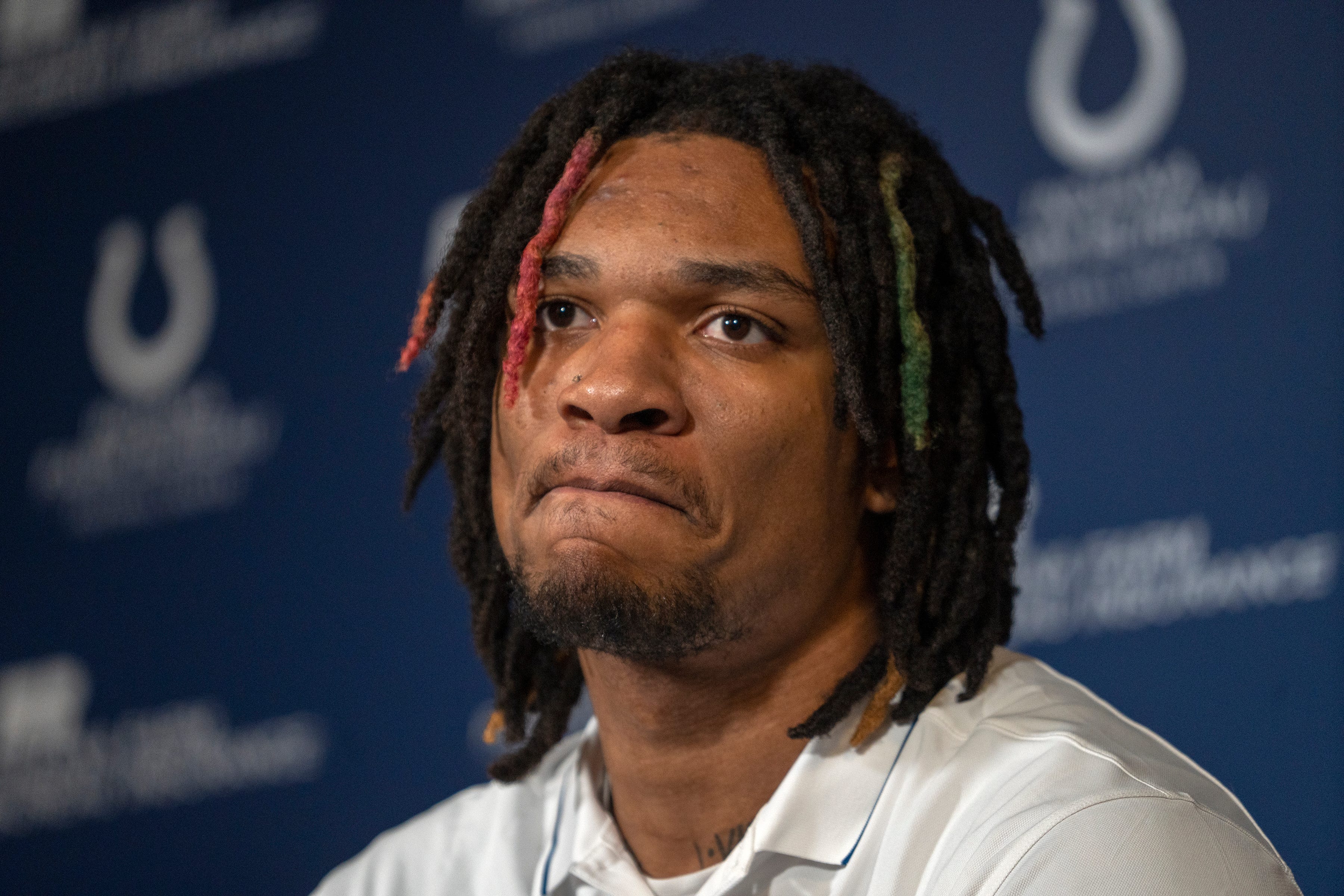 Indianapolis Colts Quarterback Anthony Richardson speaks to the media Thursday, Jan. 11, 2024 at the Indiana Farm Bureau Football Center, the Colts Complex.