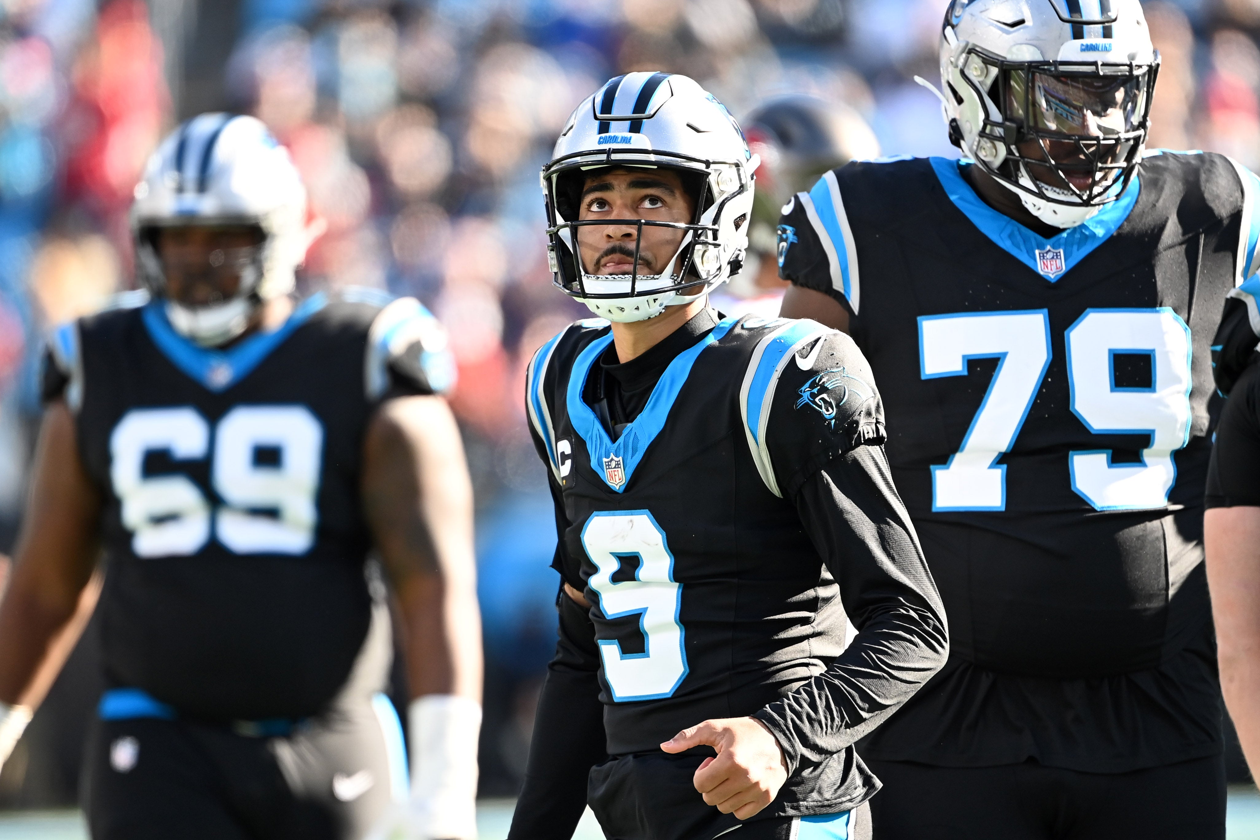 Jan 7, 2024; Charlotte, North Carolina, USA; Carolina Panthers quarterback Bryce Young (9) on the field in the second quarter at Bank of America Stadium. Mandatory Credit: Bob Donnan-USA TODAY Sports
