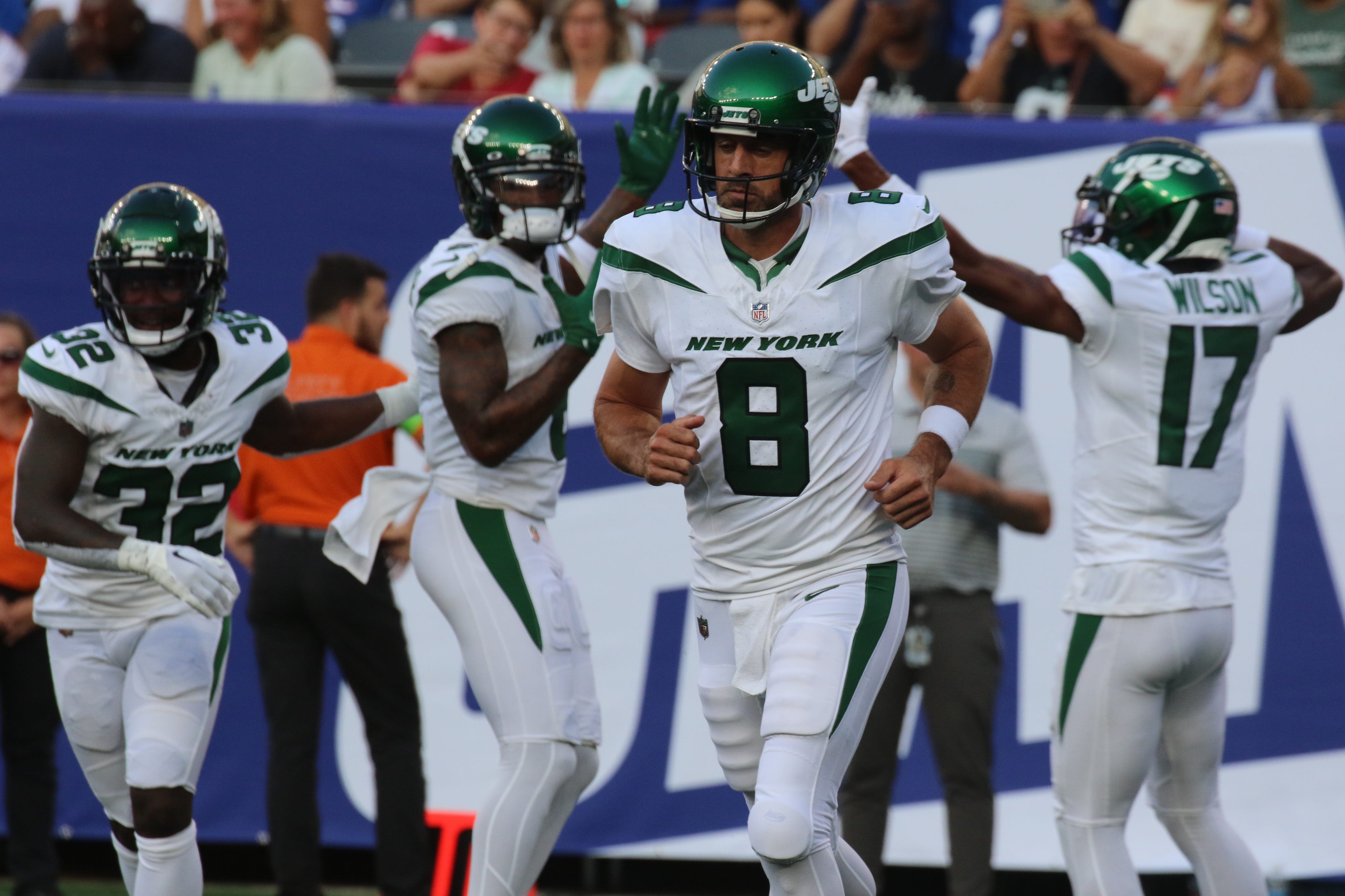 Jets quarterback Aaron Rodgers after his TD pass to Garrett Wilson of the Jets in the first half. The NY Jets against the NY Giants on August 26, 2023 at MetLife Stadium in East Rutherford, NJ, as the rivals play their final preseason game before the start of the NFL season.