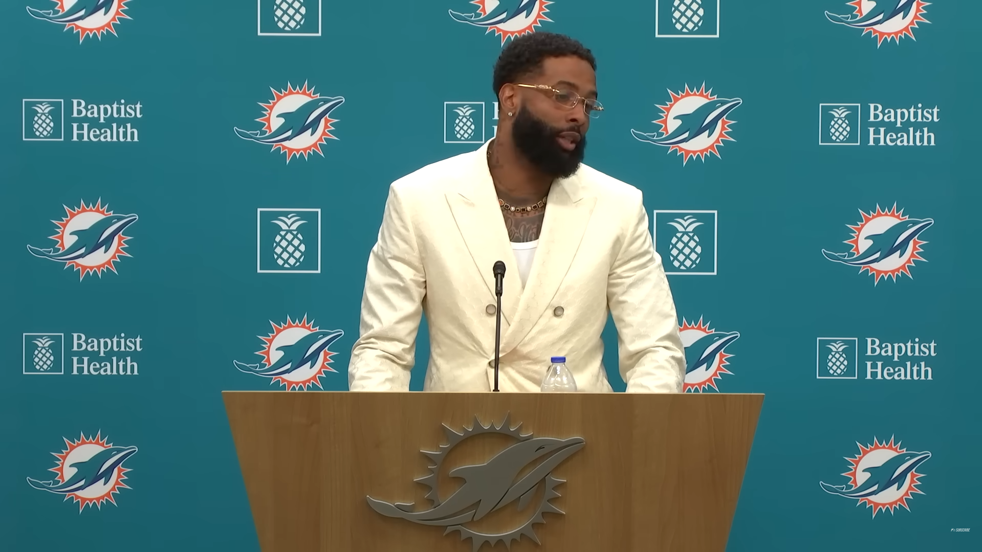 Odell Beckham Jr. talks to reporters after joining the Miami Dolphins ahead of the thick of the 2024 NFL offseason.
