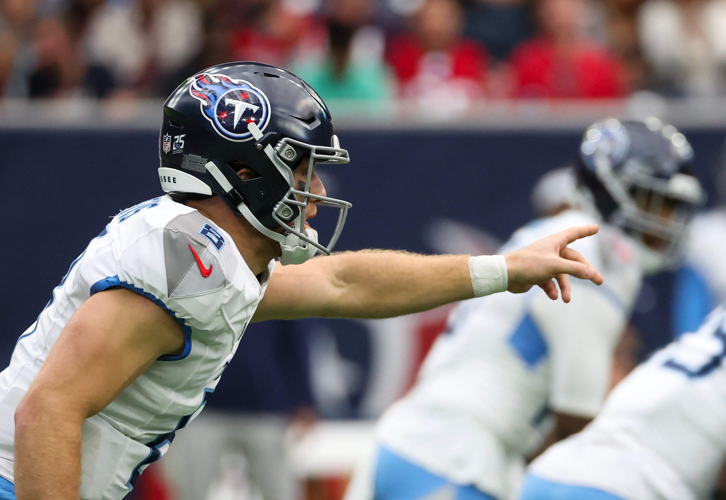 Dec 31, 2023; Houston, Texas, USA;Tennessee Titans quarterback Will Levis (8) under center motions against the Houston Texans in the second quarter at NRG Stadium.