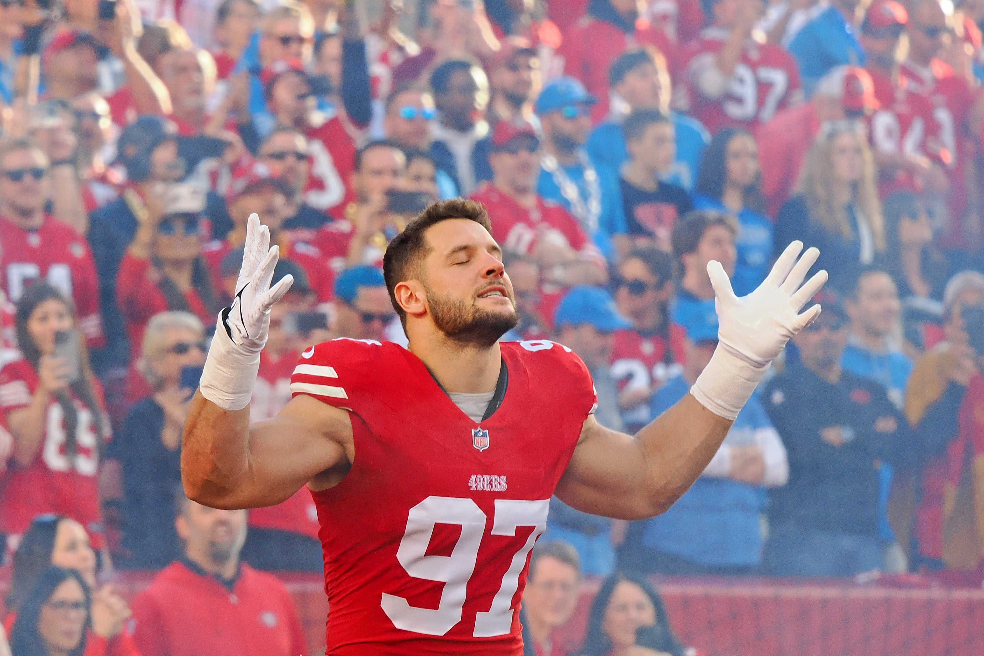 Jan 28, 2024; Santa Clara, California, USA; San Francisco 49ers defensive end Nick Bosa (97) is introduced before the NFC Championship football game against the Detroit Lions at Levi's Stadium.