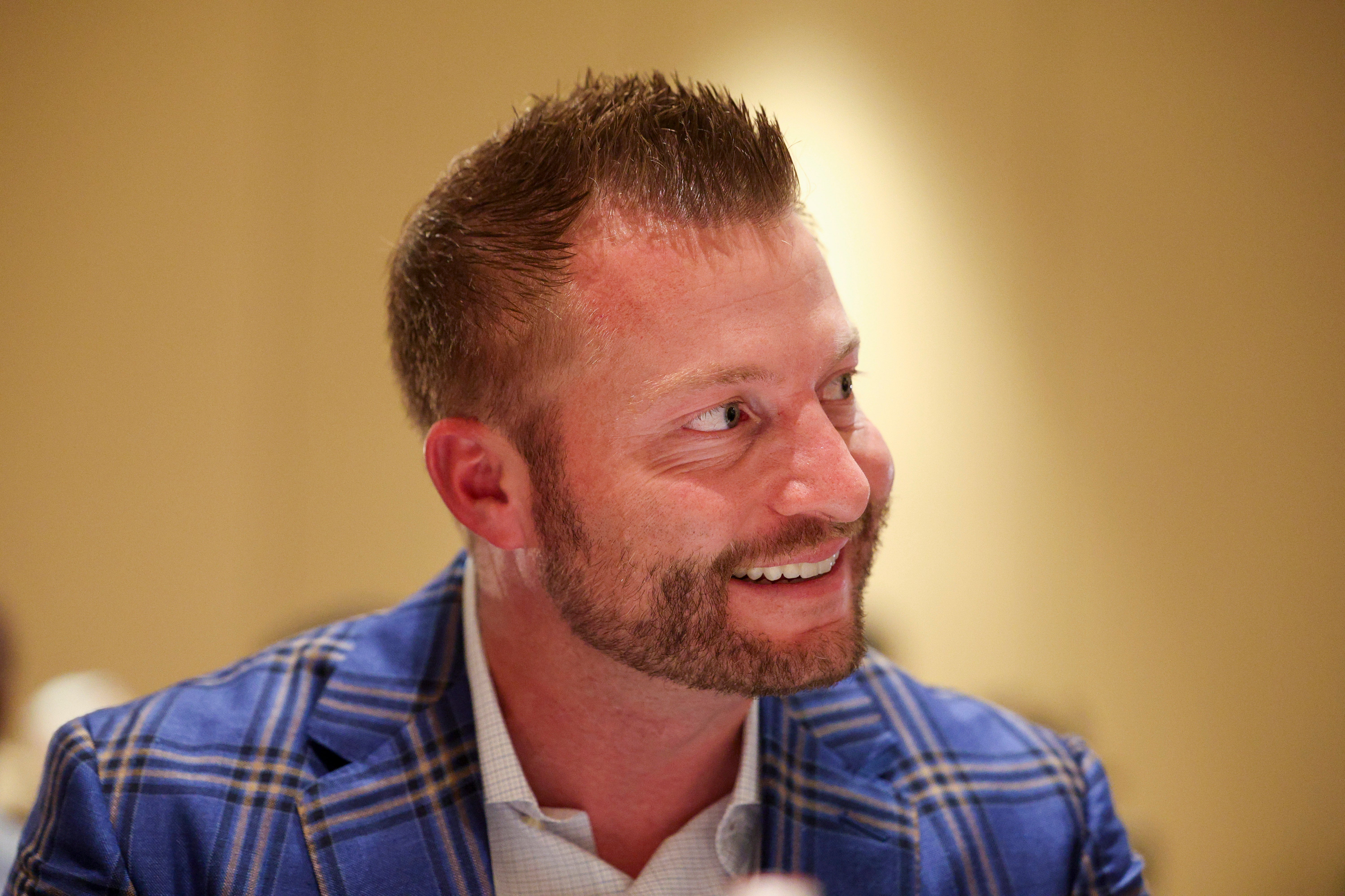 Mar 26, 2024; Orlando, FL, USA; Los Angeles Rams head coach Sean McVay speaks to the media during the NFL annual league meetings at the JW Marriott. Mandatory Credit: Nathan Ray Seebeck-USA TODAY Sports