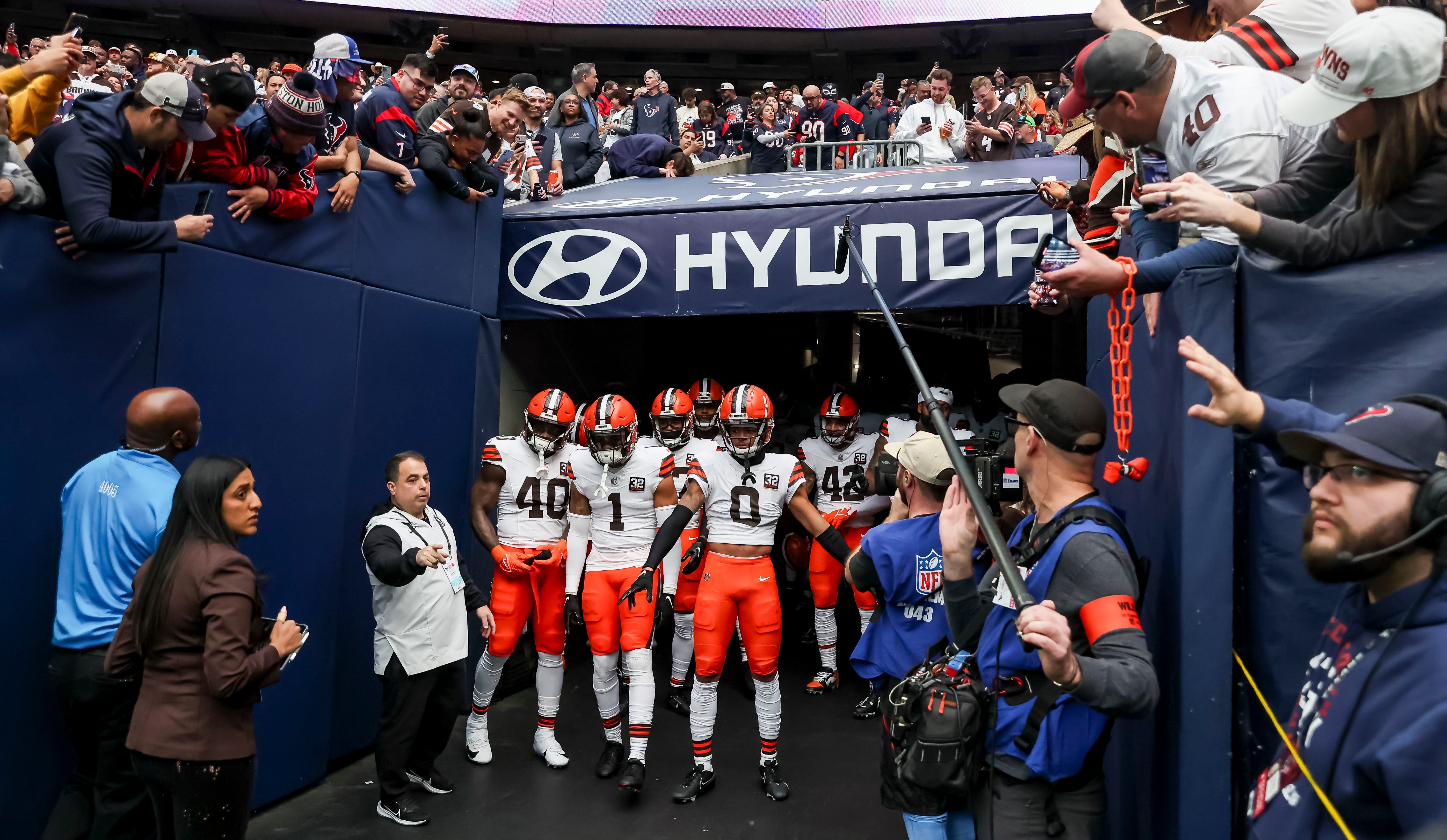 Jan 13, 2024; Houston, Texas, USA; Cleveland Browns make their way to the field during the second quarter in a 2024 AFC wild card game at NRG Stadium. Mandatory Credit: Thomas Shea-USA TODAY Sports