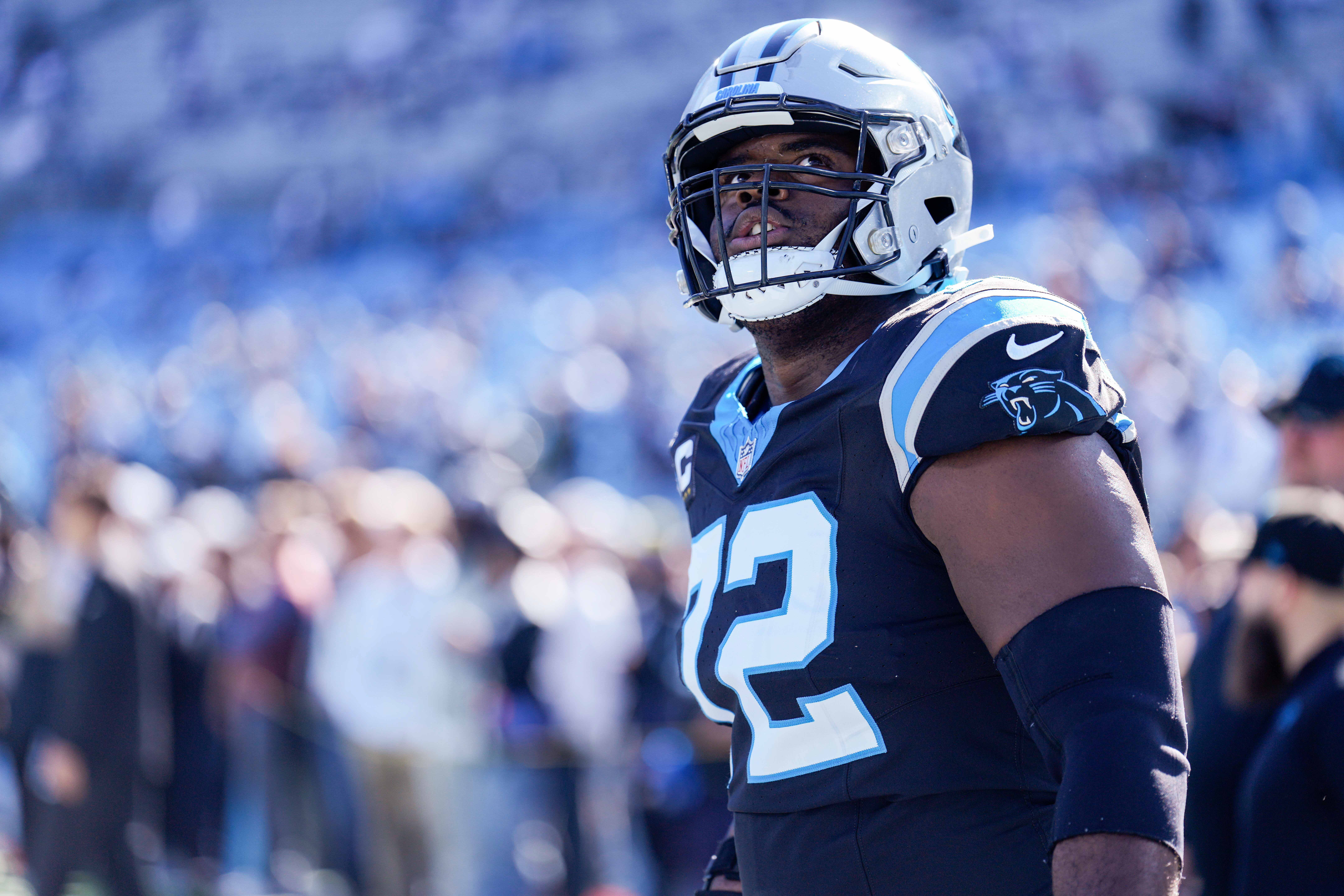 Nov 19, 2023; Charlotte, North Carolina, USA; Carolina Panthers offensive tackle Taylor Moton (72) during pregame warm ups against the Dallas Cowboys at Bank of America Stadium. Mandatory Credit: Jim Dedmon-USA TODAY Sports